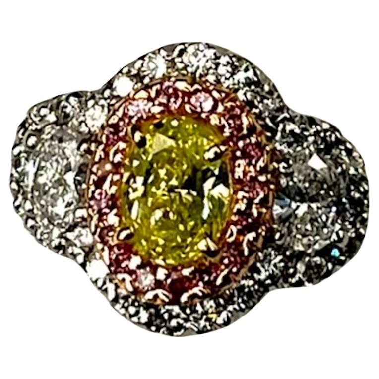 GIA Certified .75Ct Oval Fancy Intense Yellow Green Diamond Ring For Sale