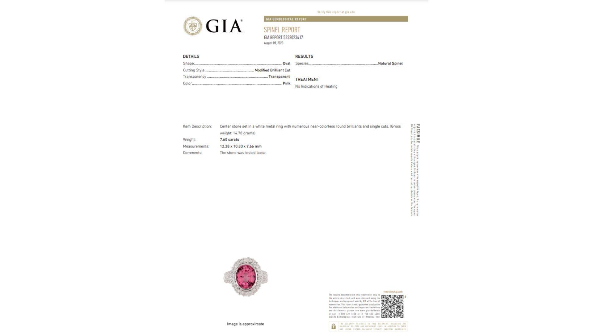 Contemporary GIA Certified 7.60 Carat No Heat Pink Spinel and Diamond Ring in Platinum For Sale