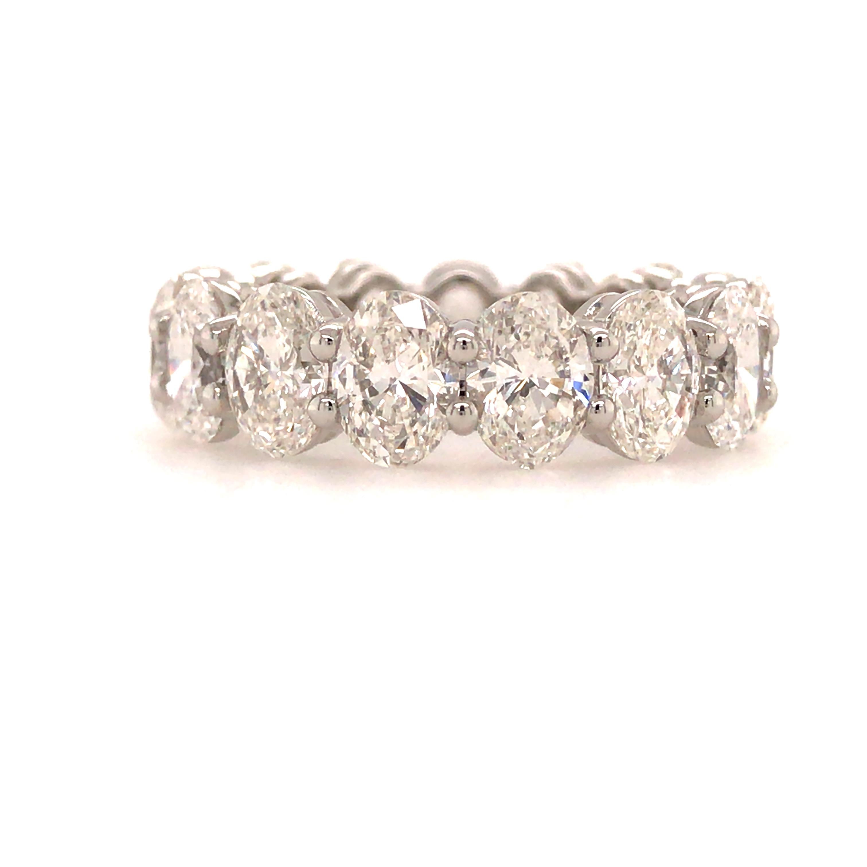 GIA Certified Oval Diamond Eternity Band in Platinum.  Each of the (15) Oval Shape Diamonds is certified by the GIA, certificates available upon request.  The Diamonds weigh 7.60 carat total weight F-G in color and VS-SI in clarity.  The band