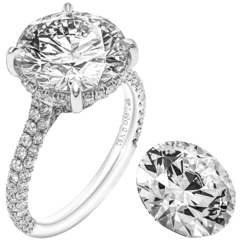 GIA Certified 7.60 Carat Round Diamond Engagement Ring For Sale at