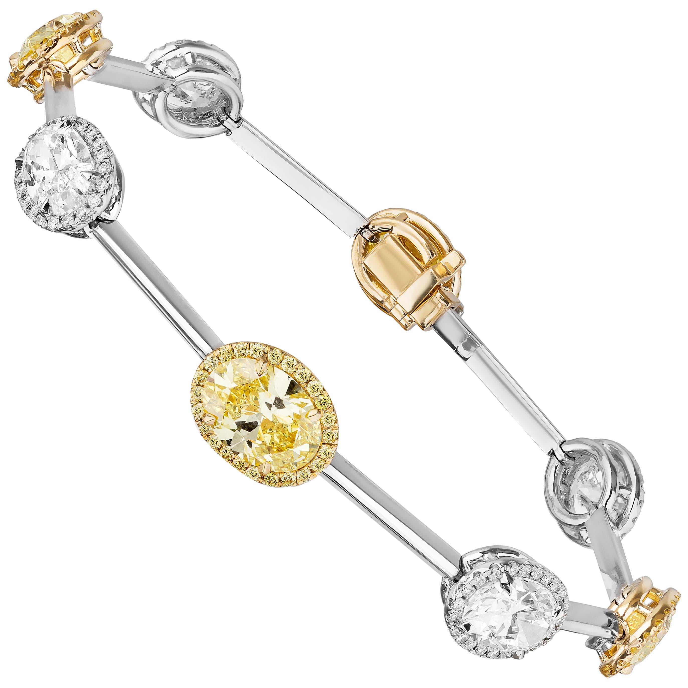 GIA-zertifiziertes 7,61 Karat ovales Diamantarmband mit gelben und weißen Diamanten