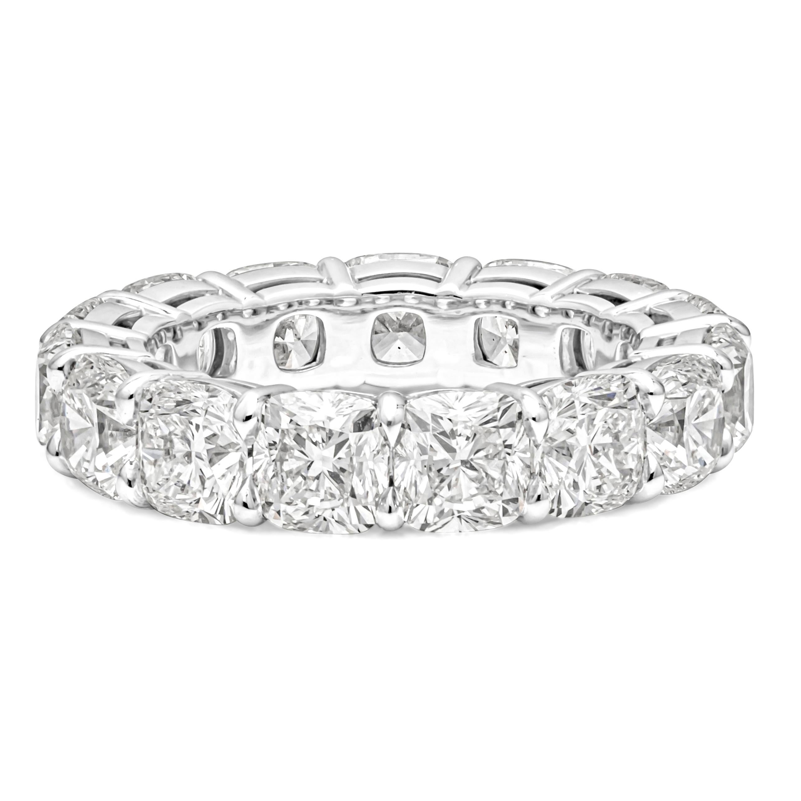 A brilliant diamond eternity wedding band showcasing 15 GIA Certified 7.64 carats total cushion cut diamonds, J Color and VS1-VVS in Clarity, set in a classic shared prong setting. Finely made in a Platinum and Size 6.25 US resizable upon request
