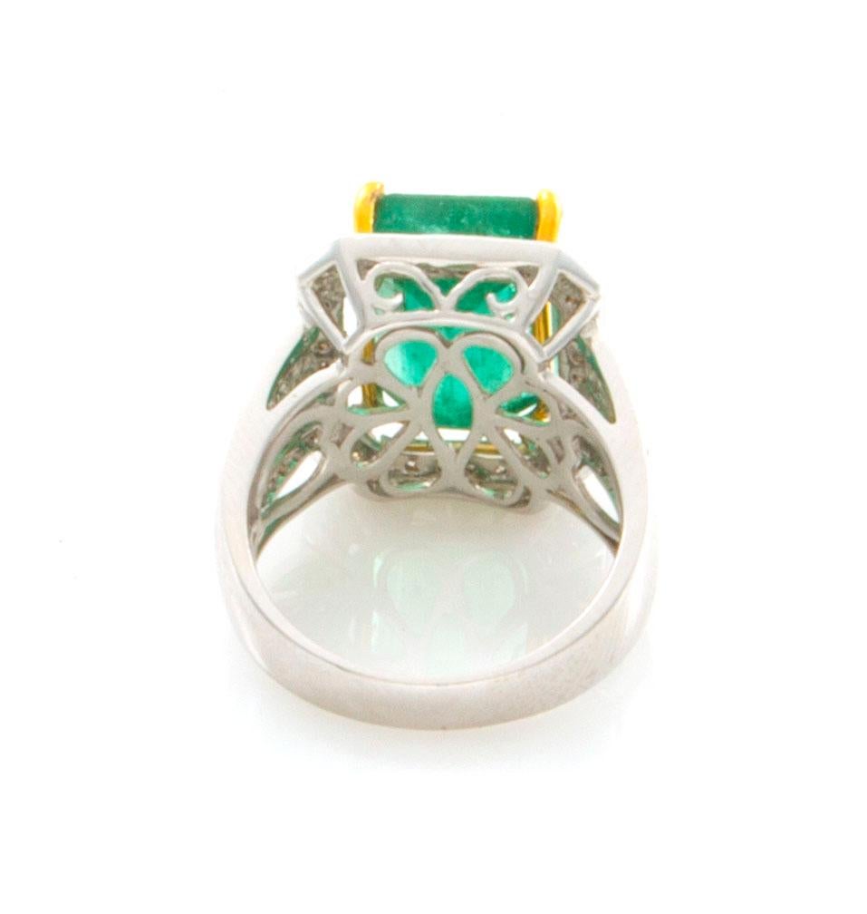 Modern GIA Certified 7.65 Carat Emerald Diamond Ring 14 Karat White and Yellow Gold For Sale