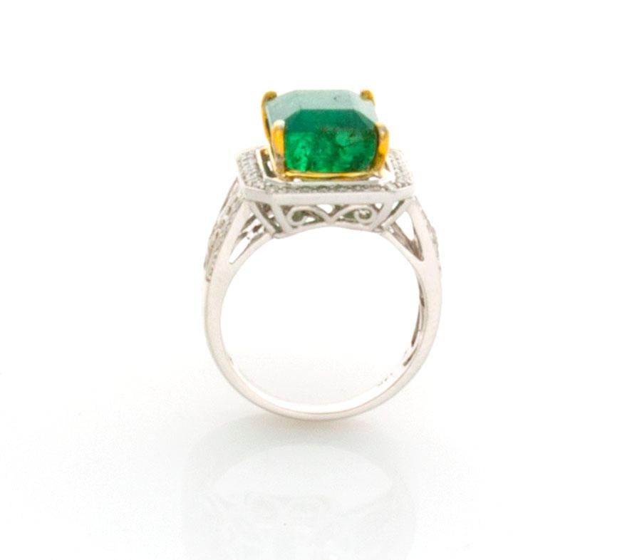 Emerald Cut GIA Certified 7.65 Carat Emerald Diamond Ring 14 Karat White and Yellow Gold For Sale