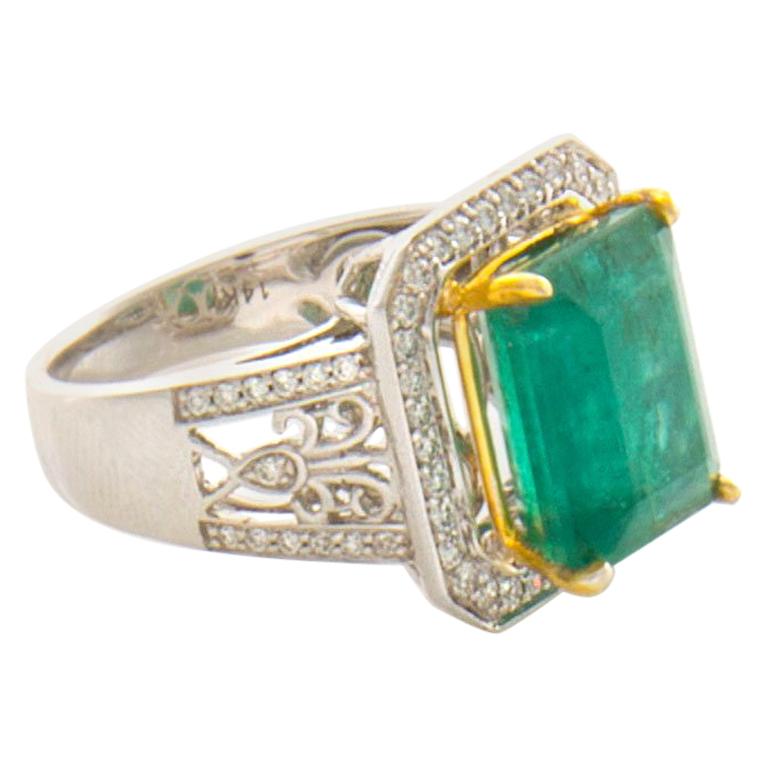 GIA Certified 7.65 Carat Emerald Diamond Ring 14 Karat White and Yellow Gold For Sale