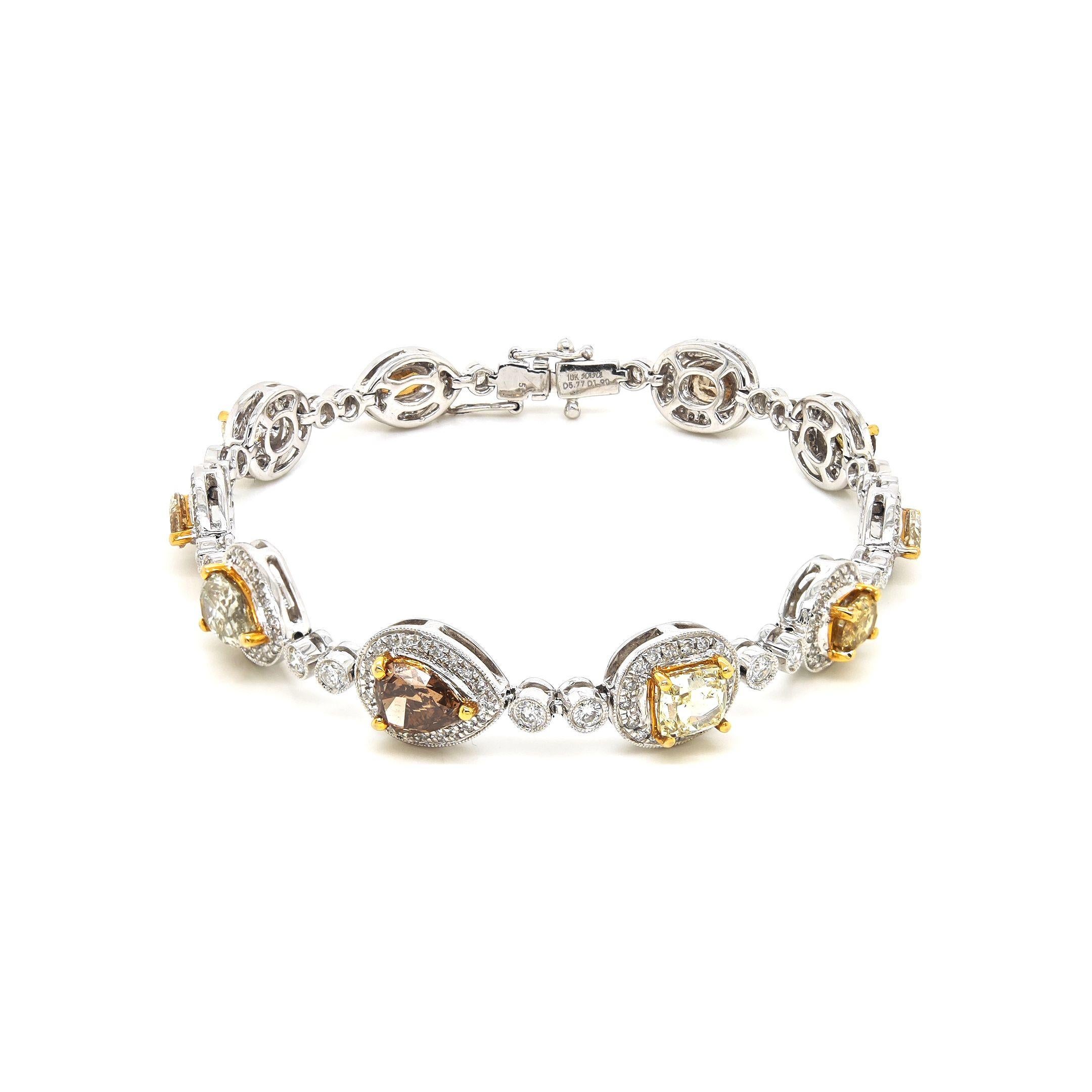 GIA Certified 7.66 Carats Multi-Color Diamond White and Yellow Gold Bracelet In New Condition For Sale In New York, NY