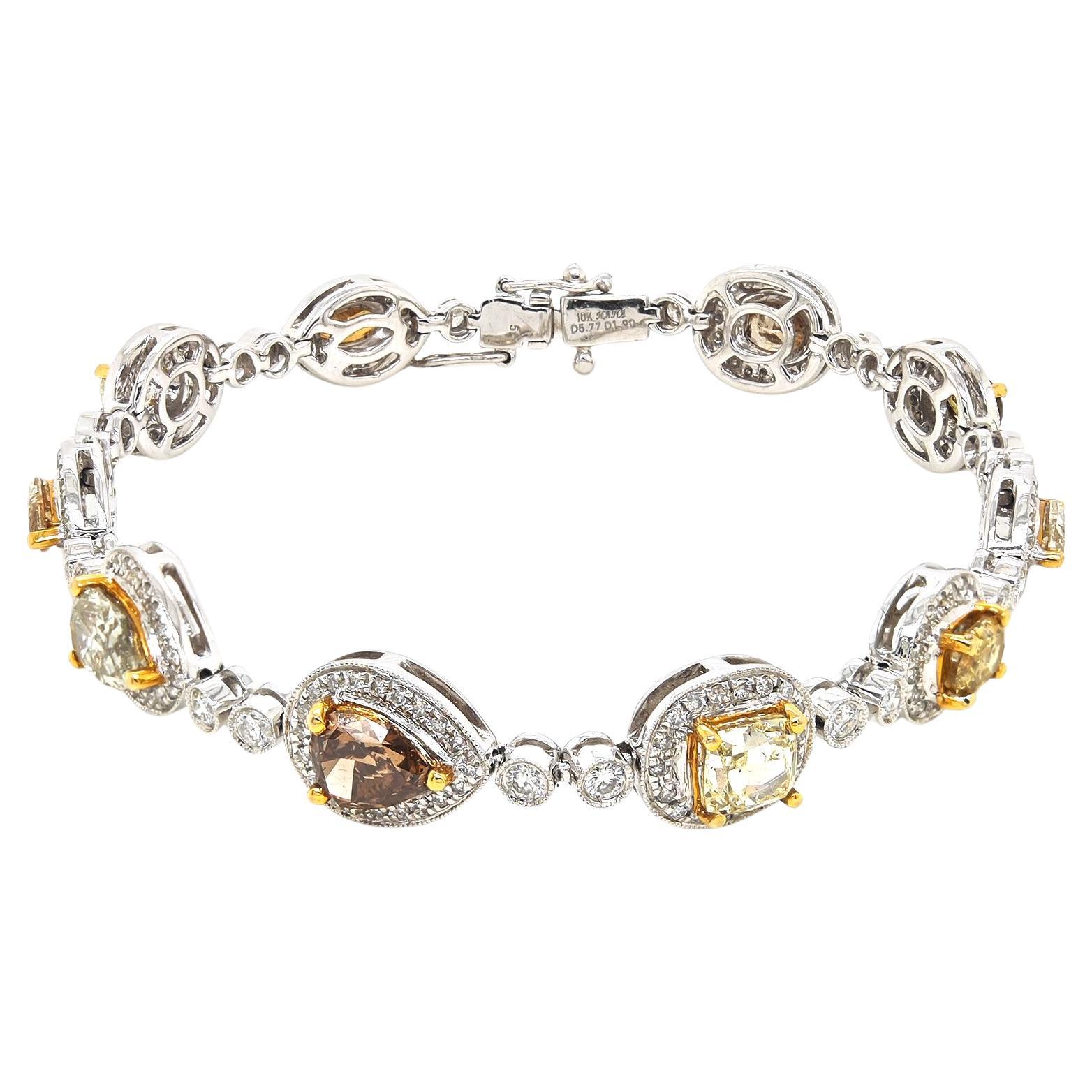 GIA Certified 7.66 Carats Multi-Color Diamond White and Yellow Gold Bracelet For Sale