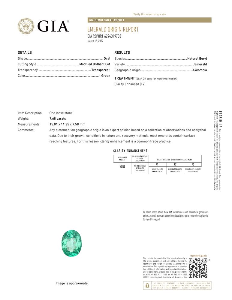 Oval Cut GIA Certified 7.68 Carat Green Colombian Emerald Heart Cut Diamond Ring For Sale