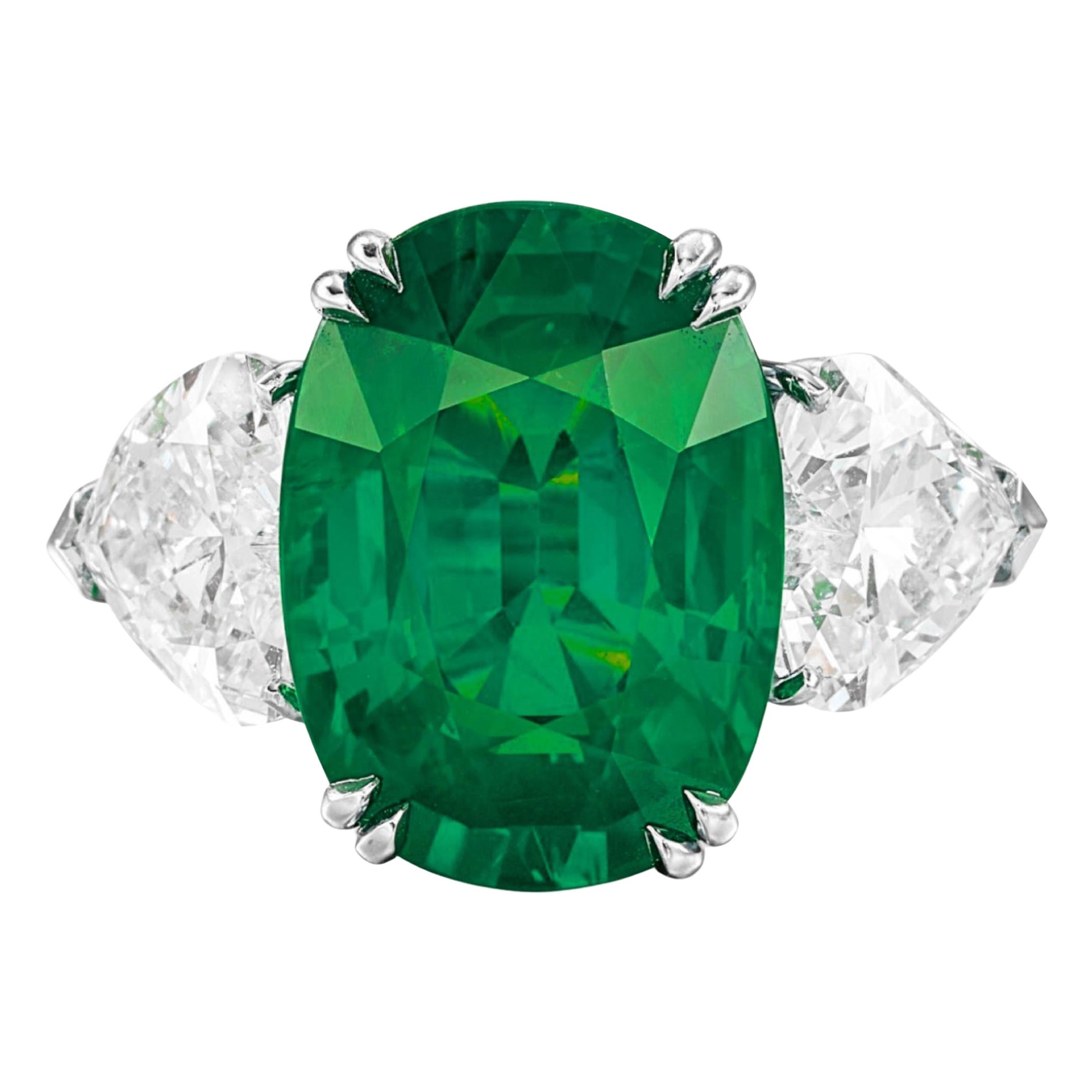 GIA Certified 7.68 Carat Green Colombian Emerald Heart Cut Diamond Ring For Sale