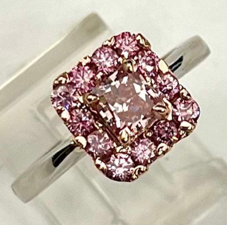 Radiant Cut GIA Certified .76Ct Radiant Diamond Natural Fancy Intense Purplish Pink Ring For Sale