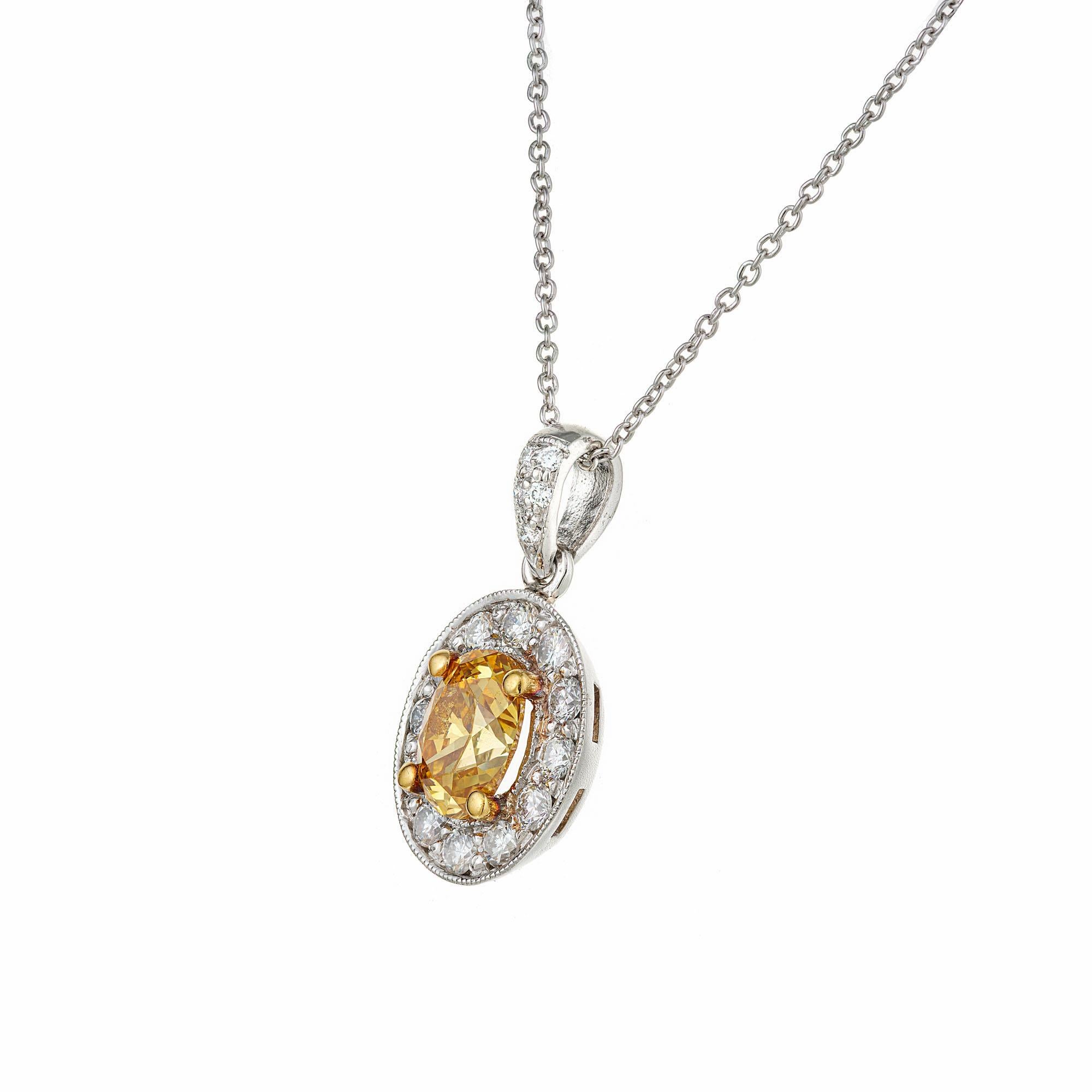 Natural fancy intense oval orange-yellow diamond pendant necklace. GIA certified natural fancy intense orange-yellow center diamond, set in platinum with a halo of 12 round diamonds. 16 inch chain.  The setting is created in the Peter Suchy