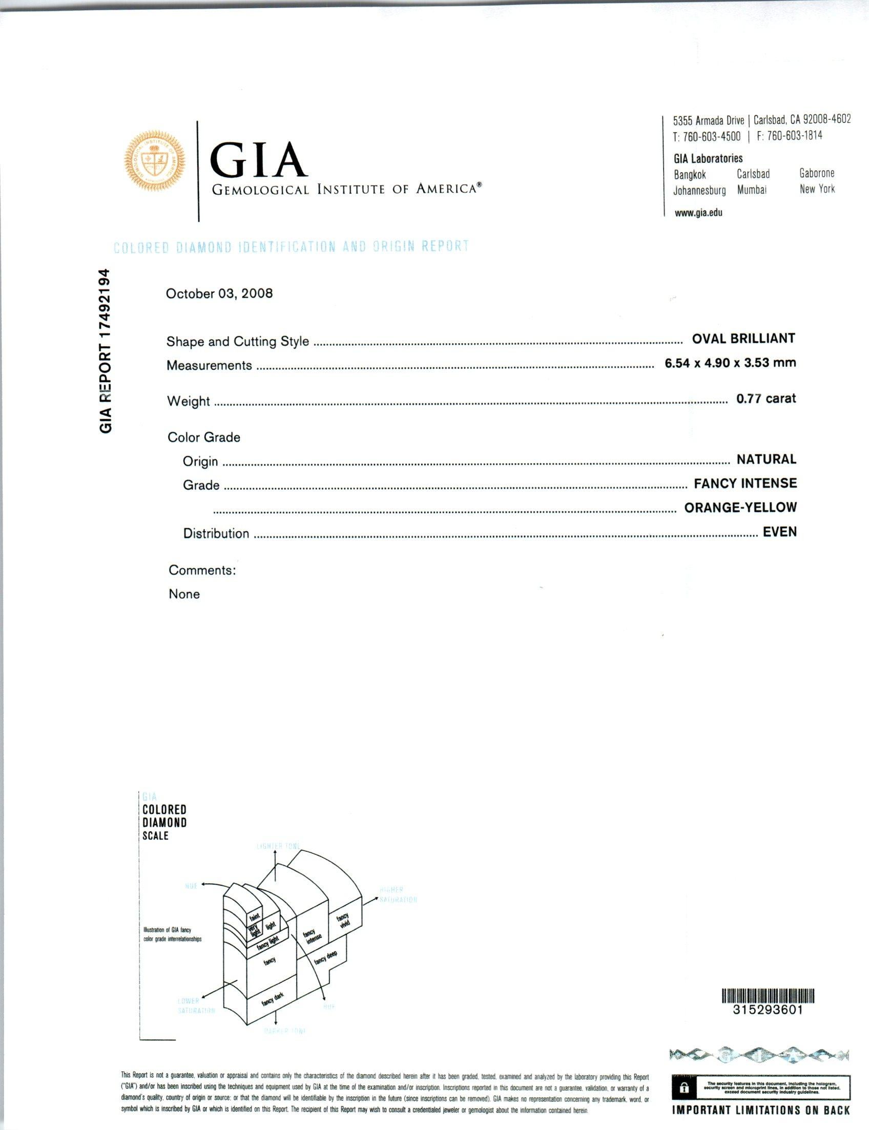 Oval Cut GIA Certified .77 Carat Orange Yellow Fancy Diamond Platinum Pendant Necklace For Sale