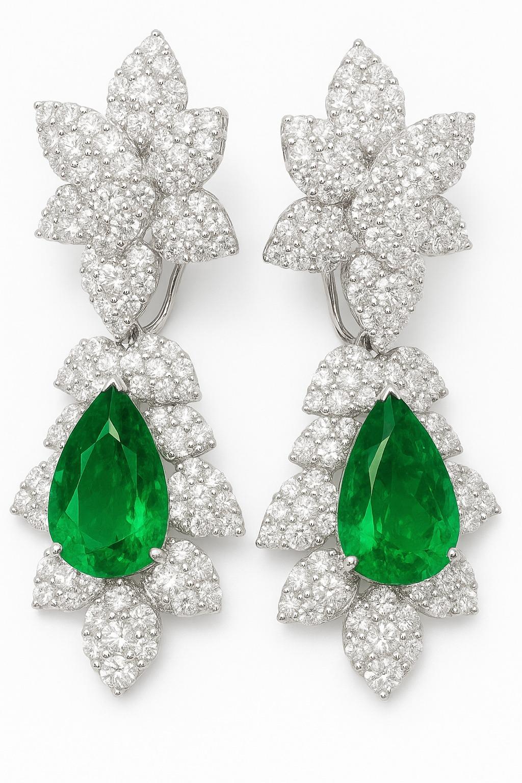 GIA-zertifizierte 7,71 Karat Smaragd & Diamant-Ohrringe in Birnenform (Rundschliff) im Angebot