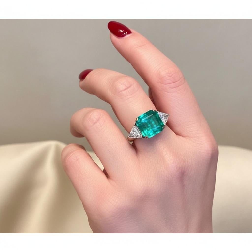 Un design intemporel à trois pierres mettant en valeur une émeraude naturelle de Colombie d'une couleur et d'une présence exceptionnelles.

Cette bague est centrée sur une émeraude Square Step Cut pesant 7,72 carats et présentant une riche teinte