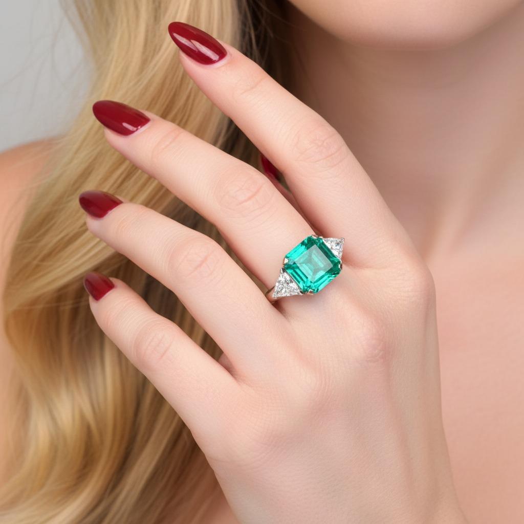 Contemporain GIA Certified 7.72 Carat Colombian Emerald and Diamond Three-Stone Ring in 18K (Bague à trois pierres en émeraude colombienne et diamant certifiés GIA) en vente