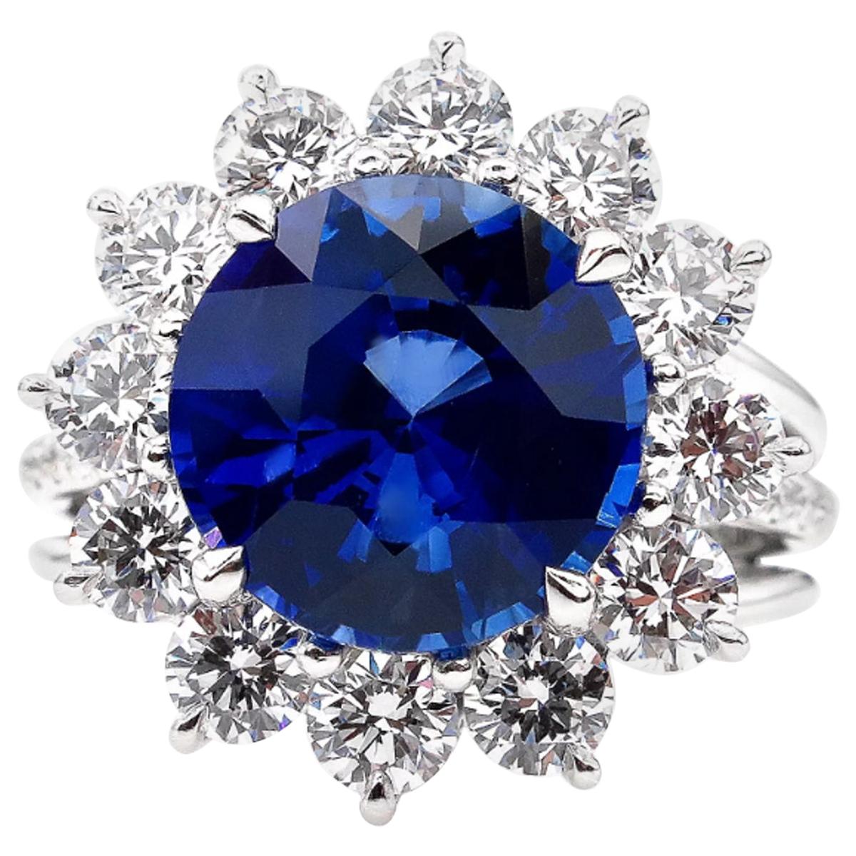 GIA Certified 7.73 Carat Ceylon Royal Blue Sapphire Round Cut Diamond Ring