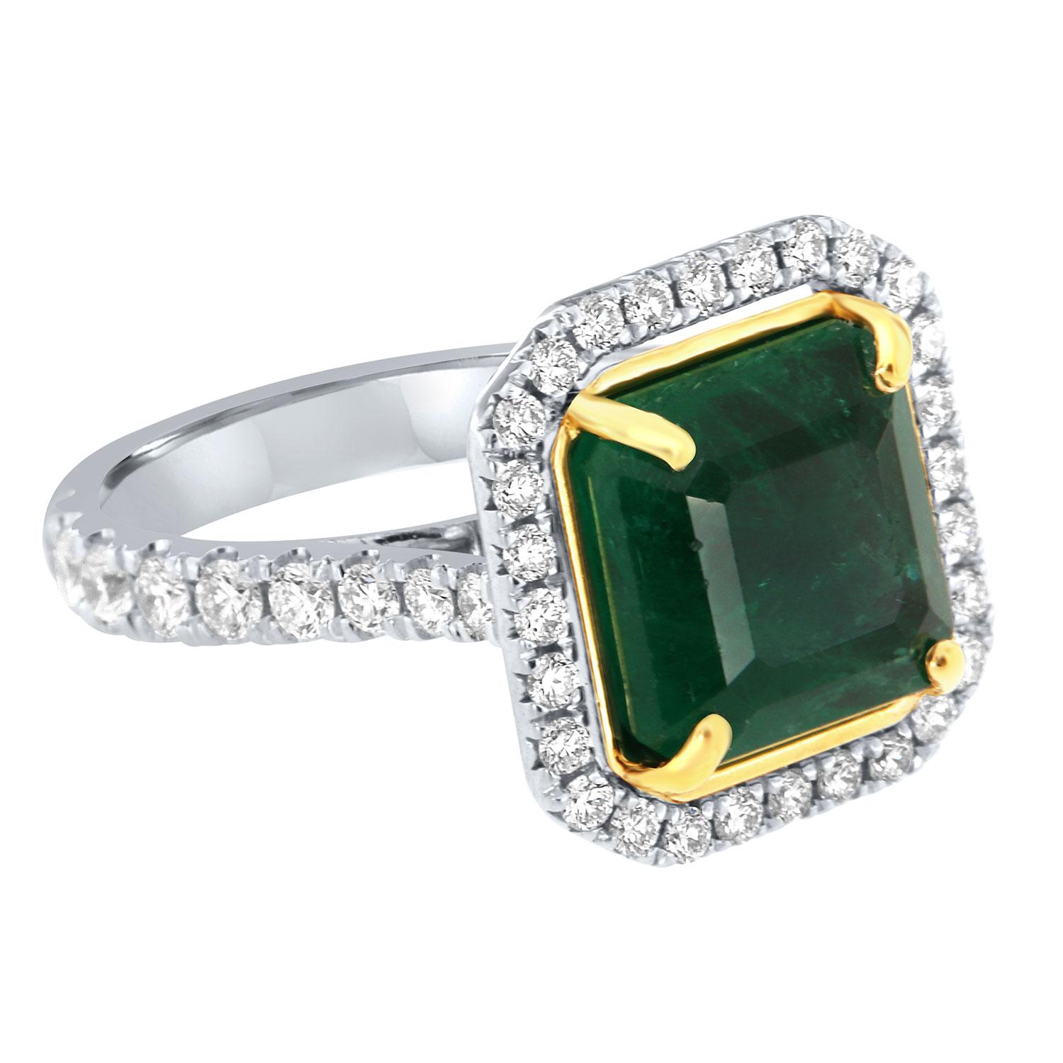 Asscher Cut GIA Certified 7.74 Carat Green Emerald Asscher Shape Halo Diamond Ring For Sale