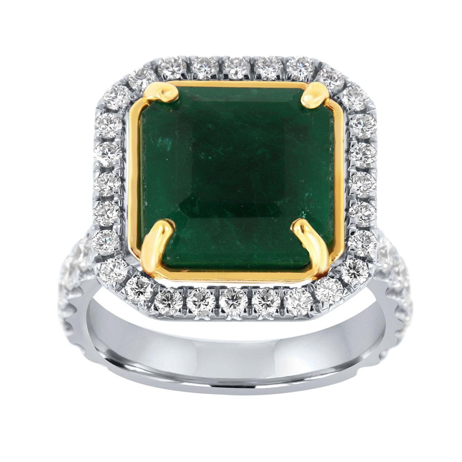 GIA Certified 7.74 Carat Green Emerald Asscher Shape Halo Diamond Ring For Sale