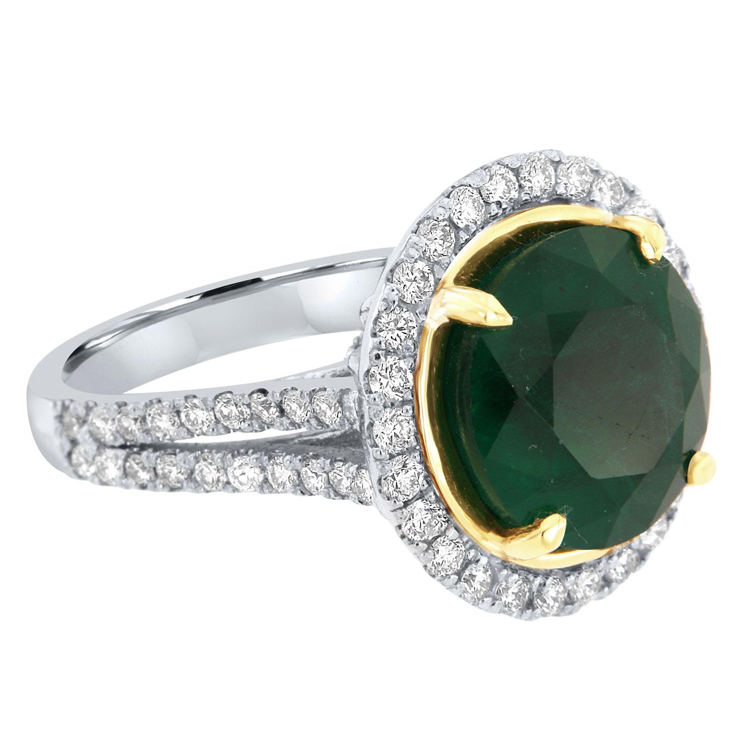 GIA-zertifizierter 7,77 Karat runder grüner Smaragd Platin & Gelbgold Diamantring im Zustand „Neu“ im Angebot in San Francisco, CA