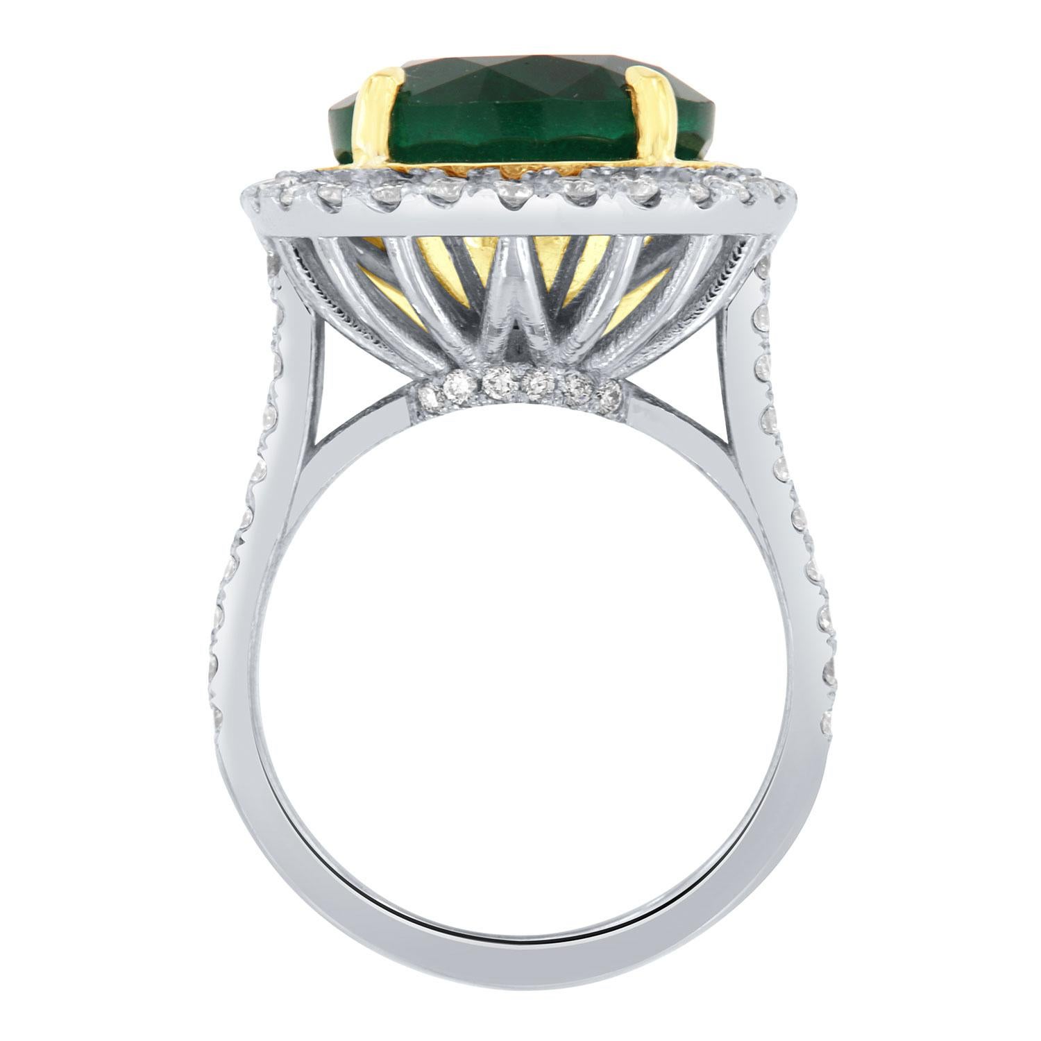 GIA-zertifizierter 7,77 Karat runder grüner Smaragd Platin & Gelbgold Diamantring Damen im Angebot