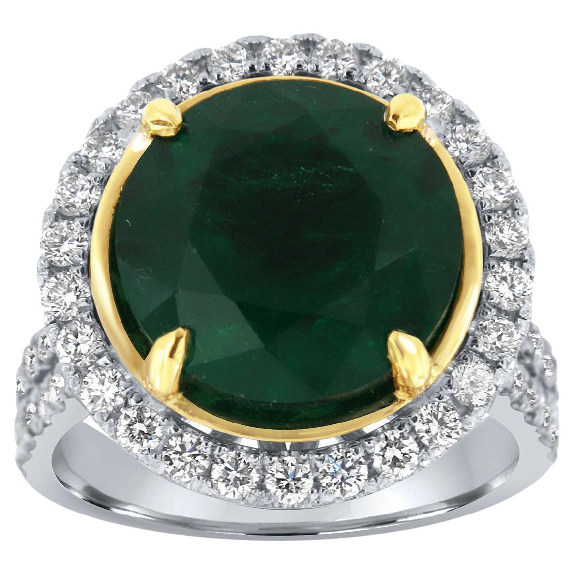 GIA Certified 7.77 Carat Round Green Emerald Platinum & Yellow Gold Diamond Ring For Sale