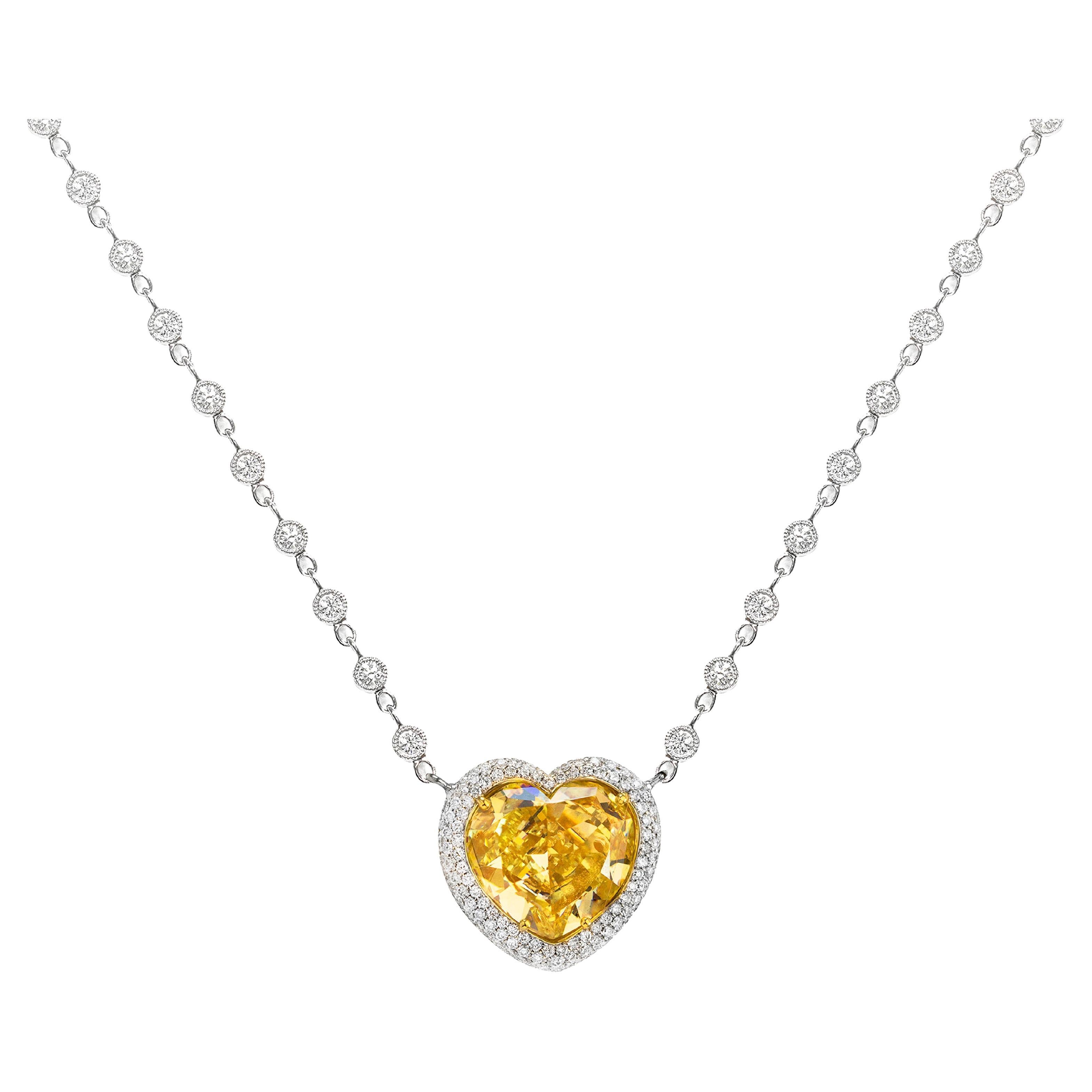 GIA Certified 7.77 Heart Shape Yellow Diamond Double-Sided Pendant Necklace For Sale