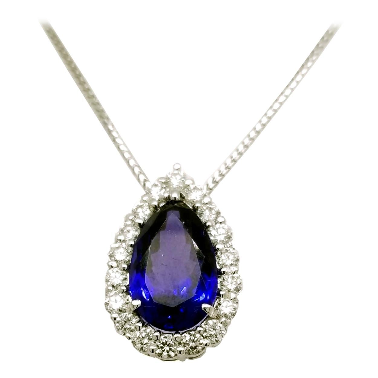 GIA Certified 7.78 Carat Pear Shaped Tanzanite Necklace with 1.29 Carat Diamonds For Sale