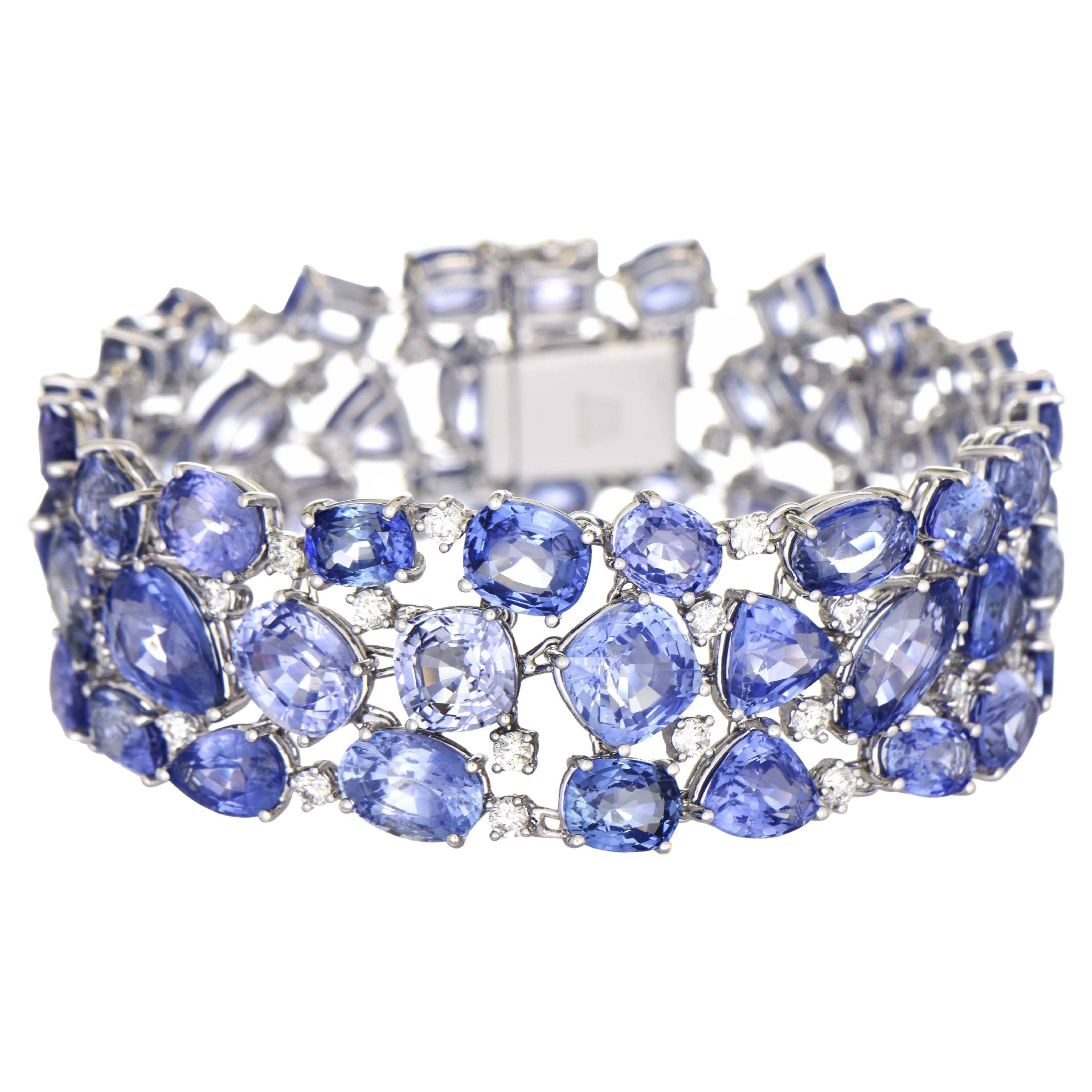 GIA Certified 77.83 Carat Sapphire and White Diamond White Gold Bracelet