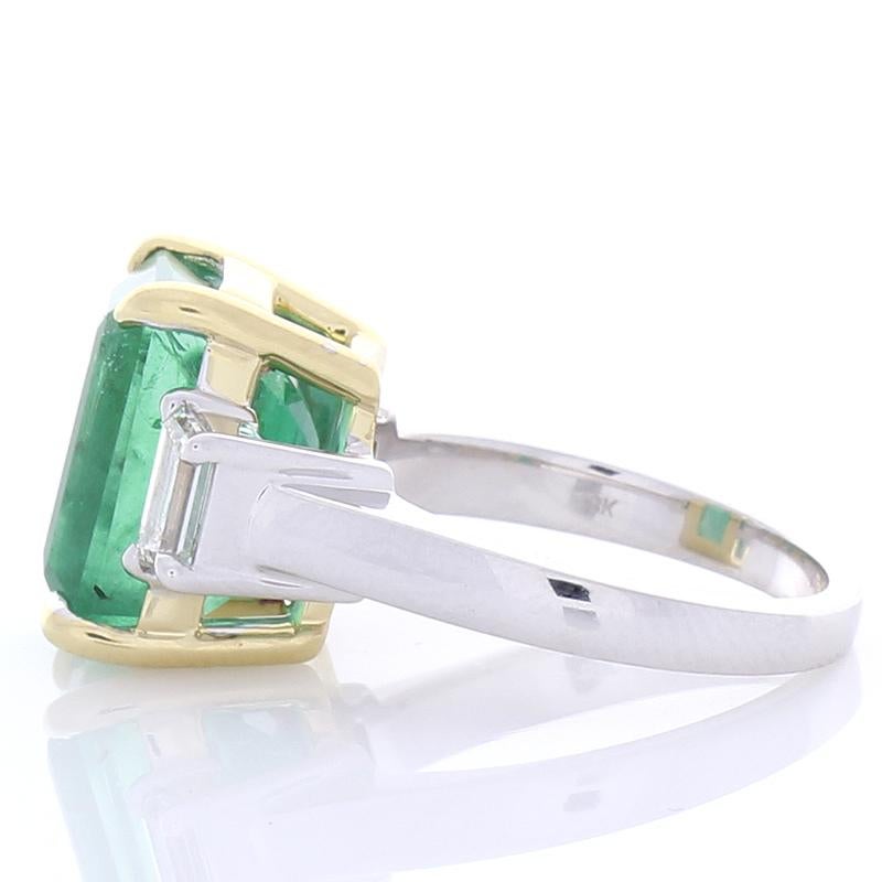 Contemporary GIA Certified 7.80 Carat Emerald Cut Emerald and Diamond Two-Tone Cocktail Ring