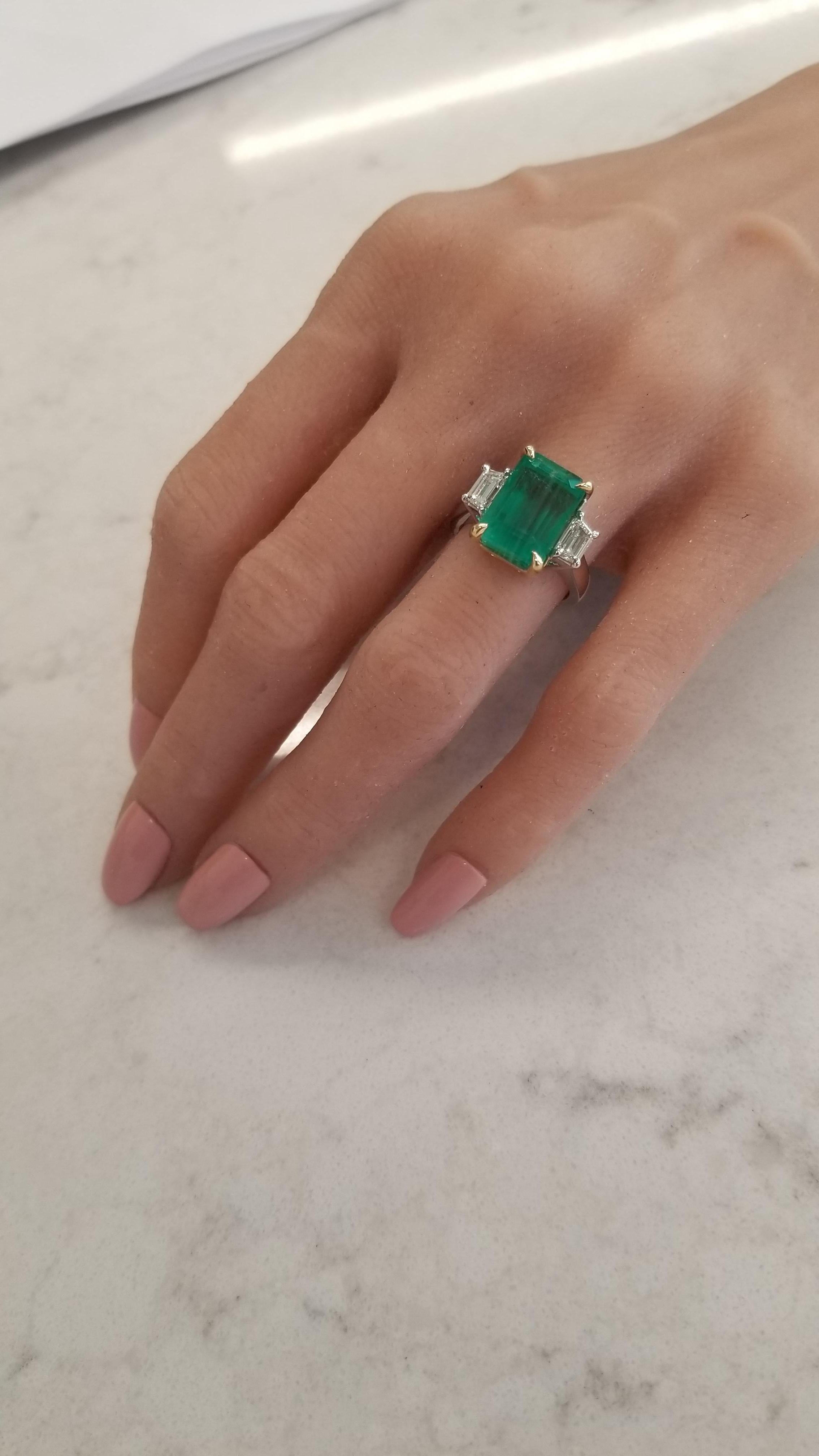 GIA Certified 7.80 Carat Emerald Cut Emerald and Diamond Two-Tone Cocktail Ring 3