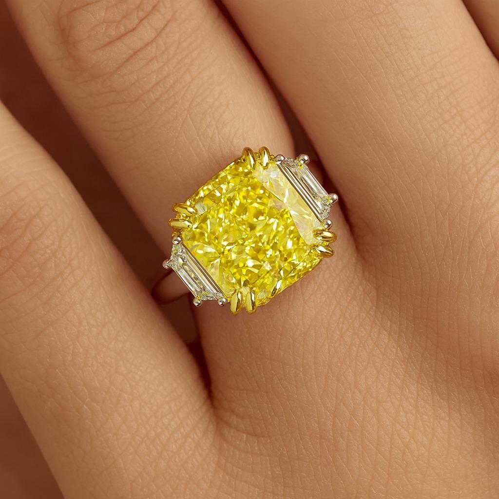 Radiant Cut GIA Certified 7.83 Carat Fancy Vivid Yellow VS2 Diamond Ring For Sale