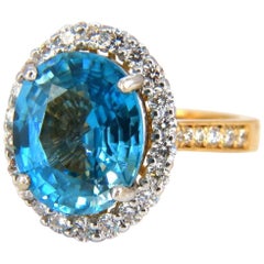 GIA Certified 7.83 Carat Natural Greenish Blue Zircon Diamonds Ring Halo Raised
