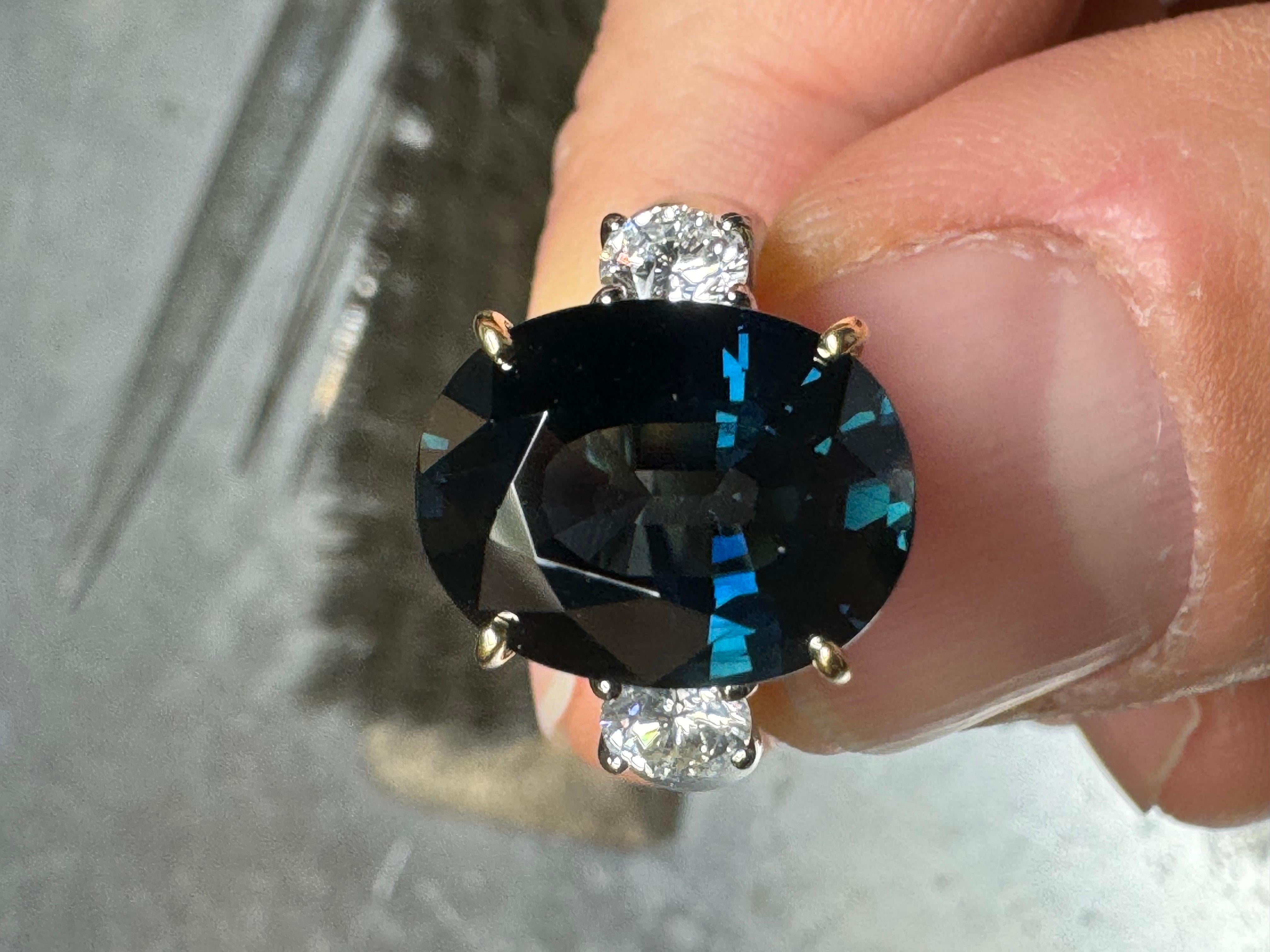 GIA Certified 7.86 No Heat Blue Sapphire Three Stone Diamond Platinum Ring For Sale 11