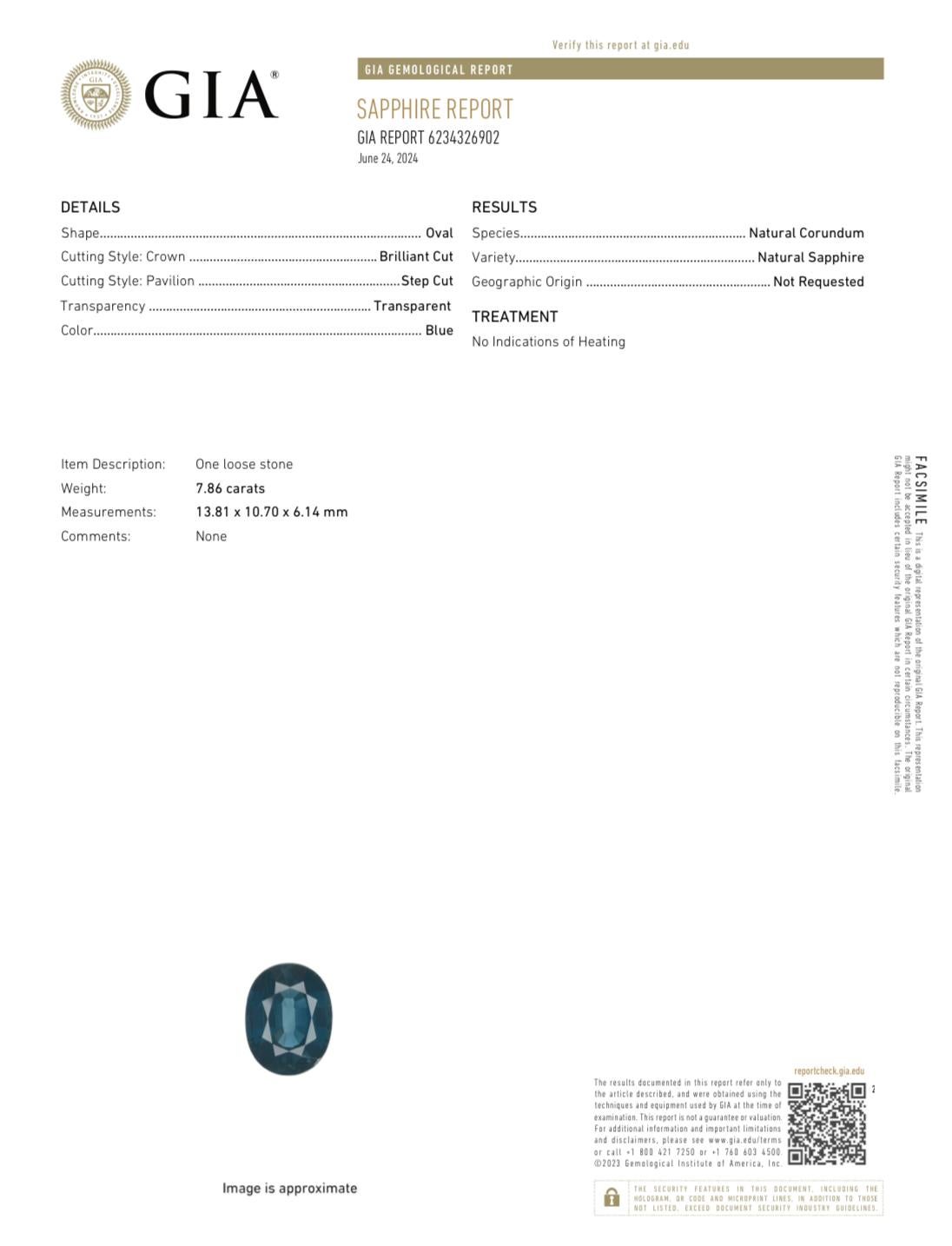 GIA Certified 7.86 No Heat Blue Sapphire Three Stone Diamond Platinum Ring For Sale 14