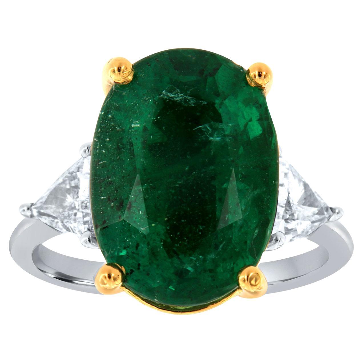 GIA Certified 7.89 Carat Oval Green Emerald Triangle Diamond Platinum & 18k Ring For Sale