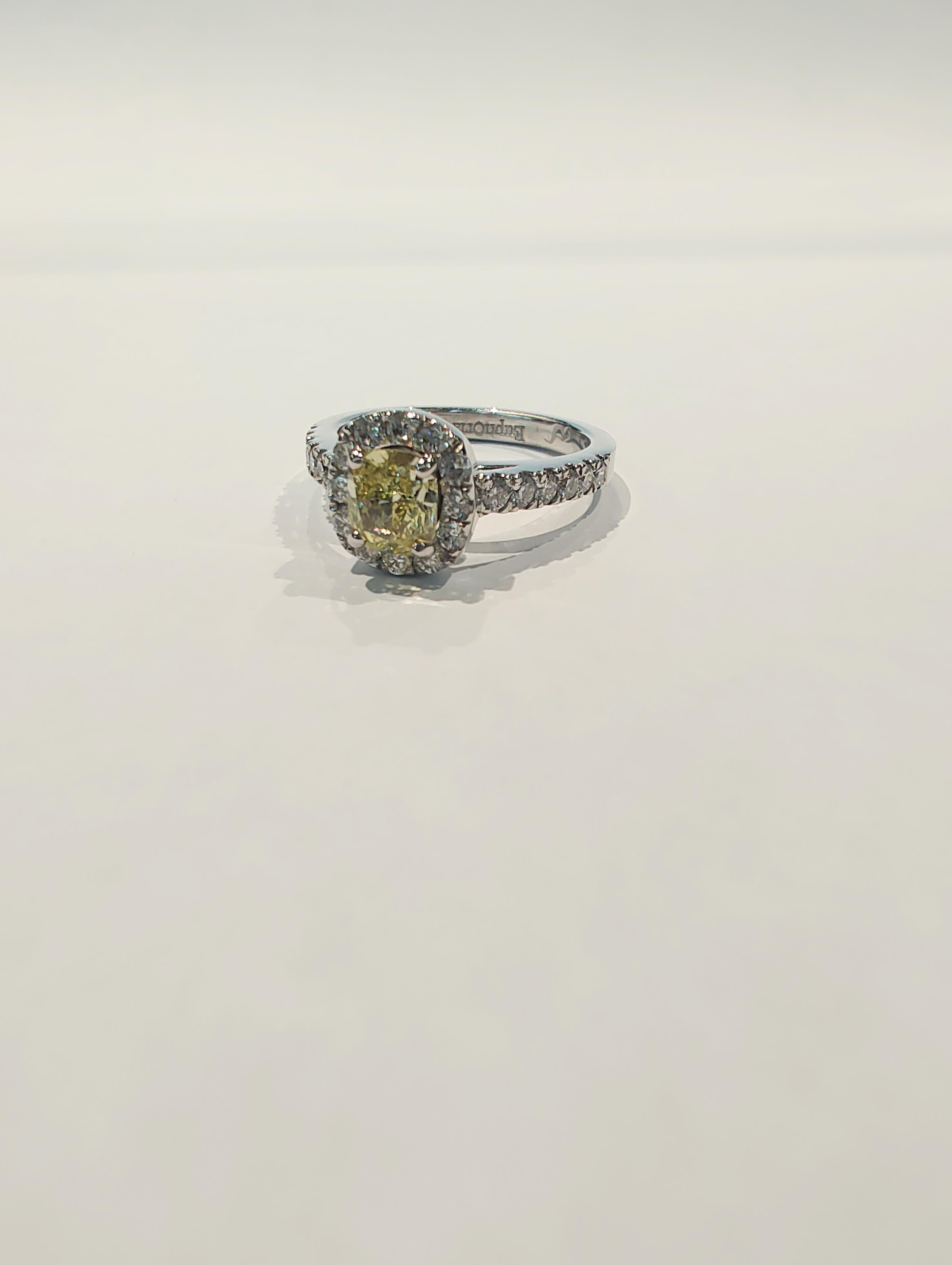 GIA Certified .78ct Cushion Cut Halo Yellow Ellendale Diamond Engagement Ring For Sale 1