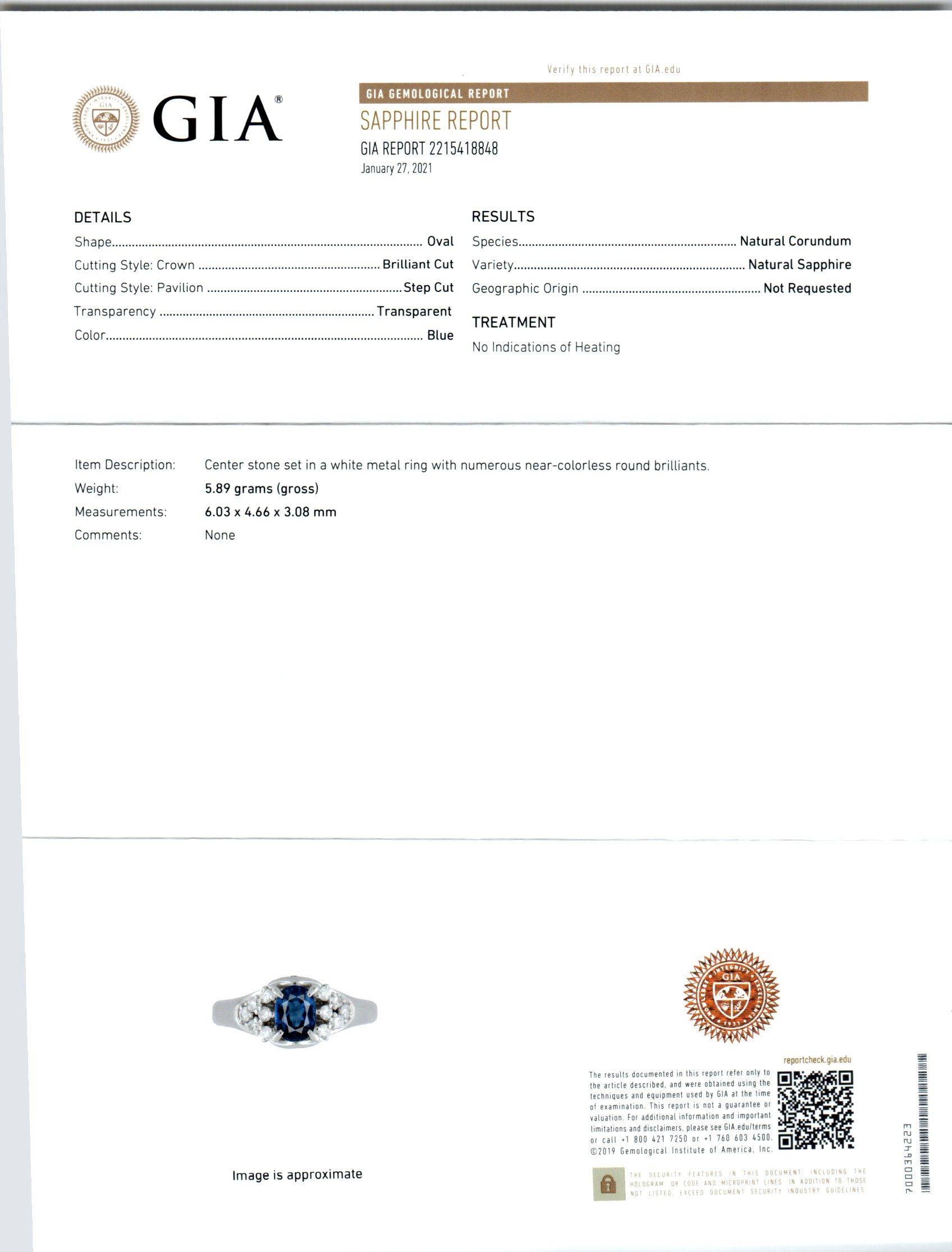 Oval Cut GIA Certified .79 Carat Blue Sapphire Diamond Platinum Engagement Ring For Sale