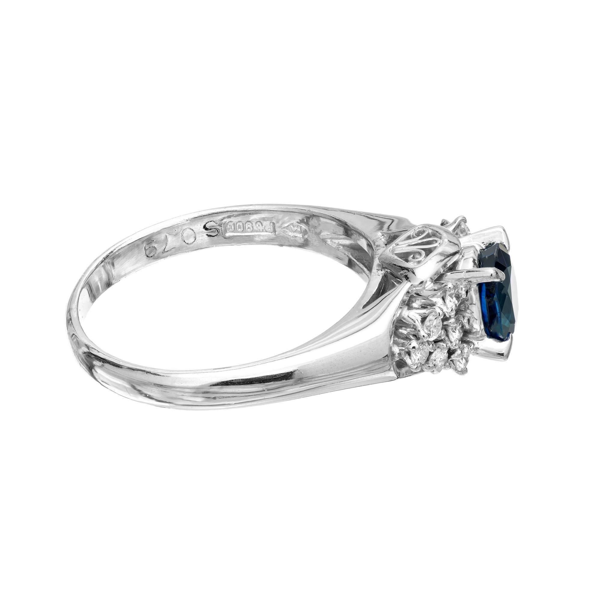 GIA Certified .79 Carat Blue Sapphire Diamond Platinum Engagement Ring For Sale 1
