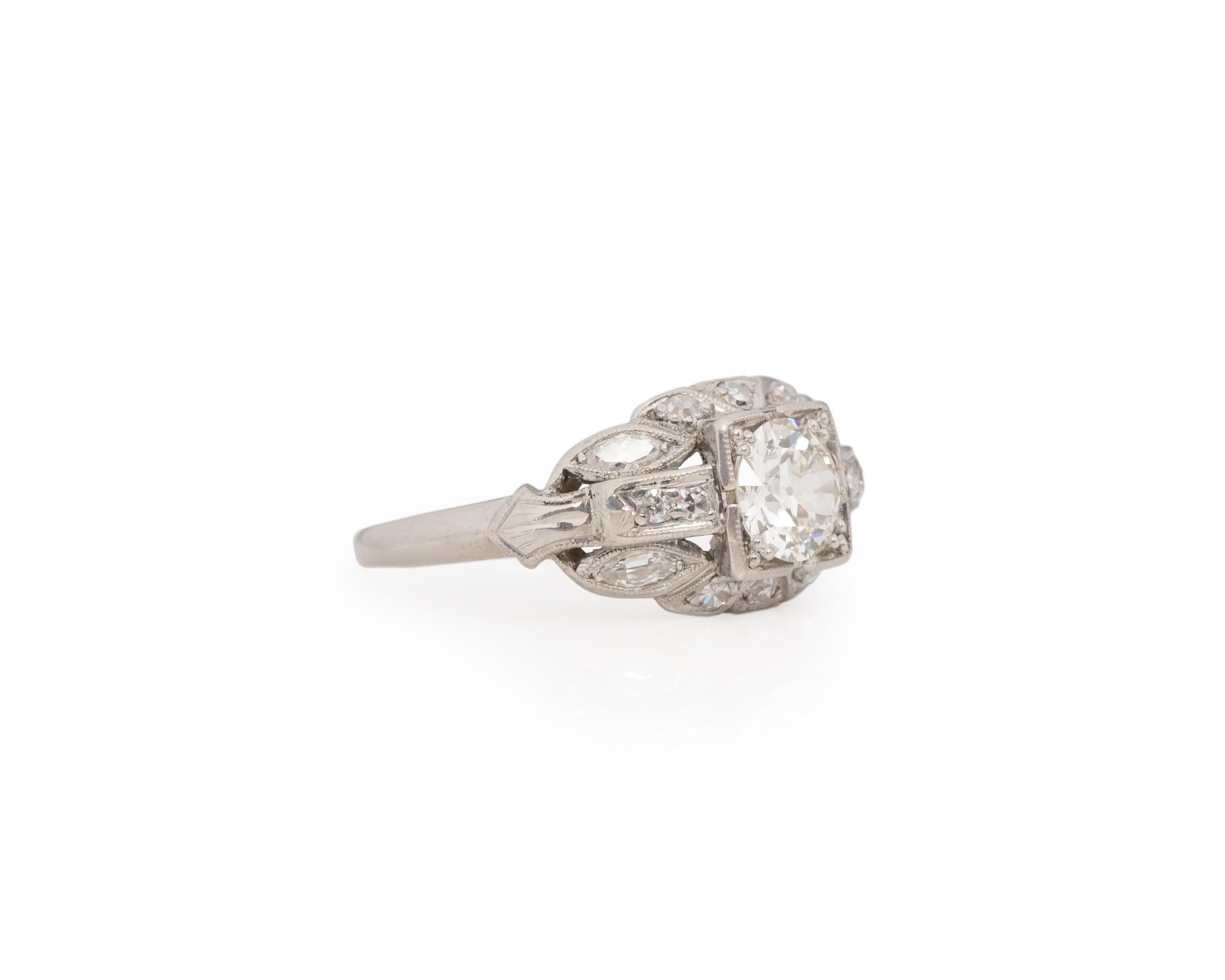 Ring Size: 6.75
Metal Type: Platinum [Hallmarked, and Tested]
Weight: 3.5grams

Center Diamond Details:
GIA LAB REPORT #: 2225745139
Weight: .79ct
Cut: Old European brilliant
Color: H
Clarity: SI2
Measurements: 6.05mm x 5.85mm x 3.63mm

Finger to