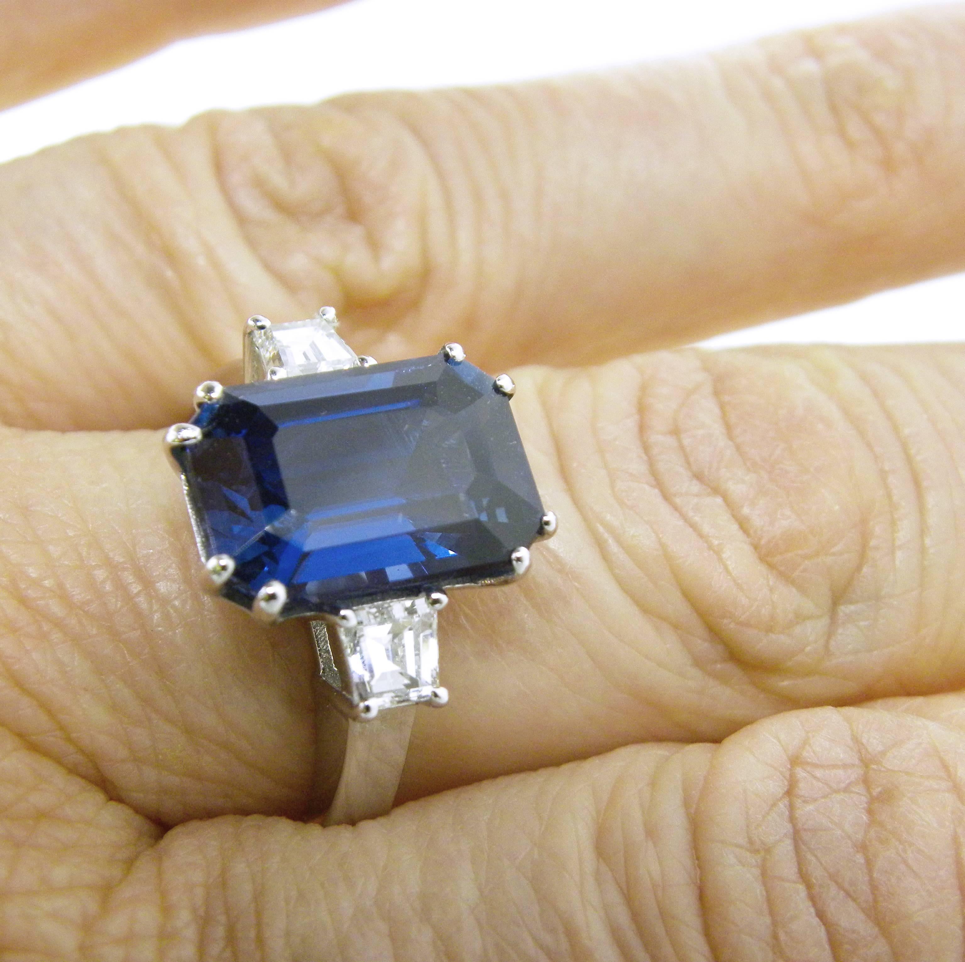 Modern GIA AGL Certified 7.92 Carat No Heat Octagonal Cut Siam Sapphire Diamond Ring