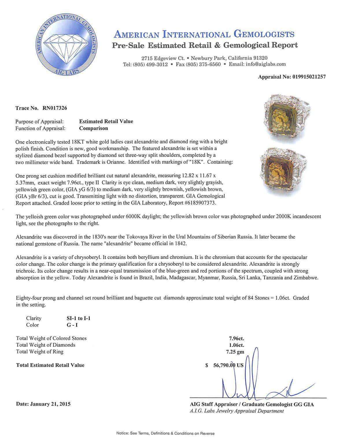 Cushion Cut GIA Certified 7.96 Carat Alexandrite Diamond Fashion Ring For Sale