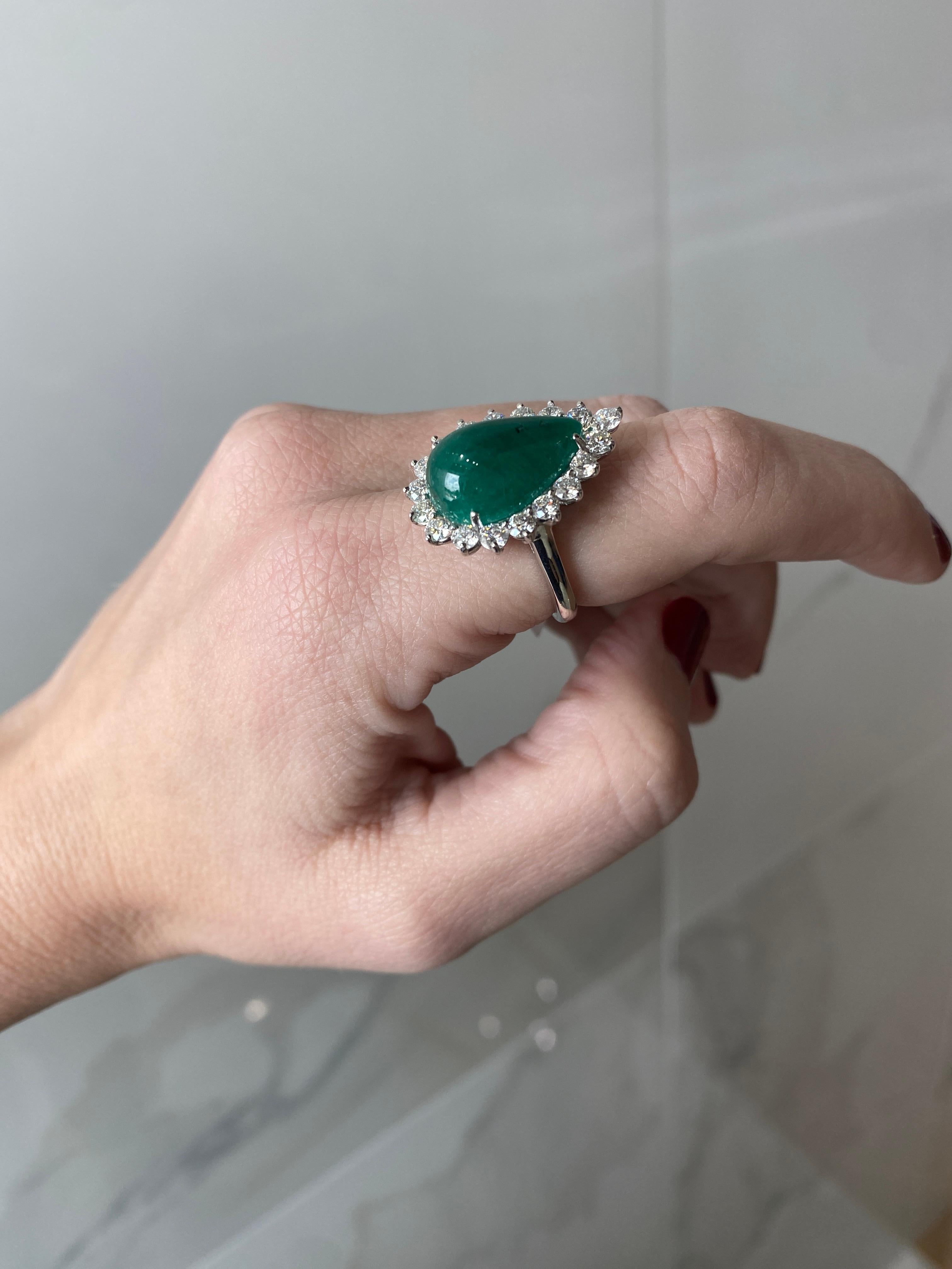 GIA Certified 7.98 Carat Pear Shaped Emerald Cabochon & Diamond Ring For Sale 4