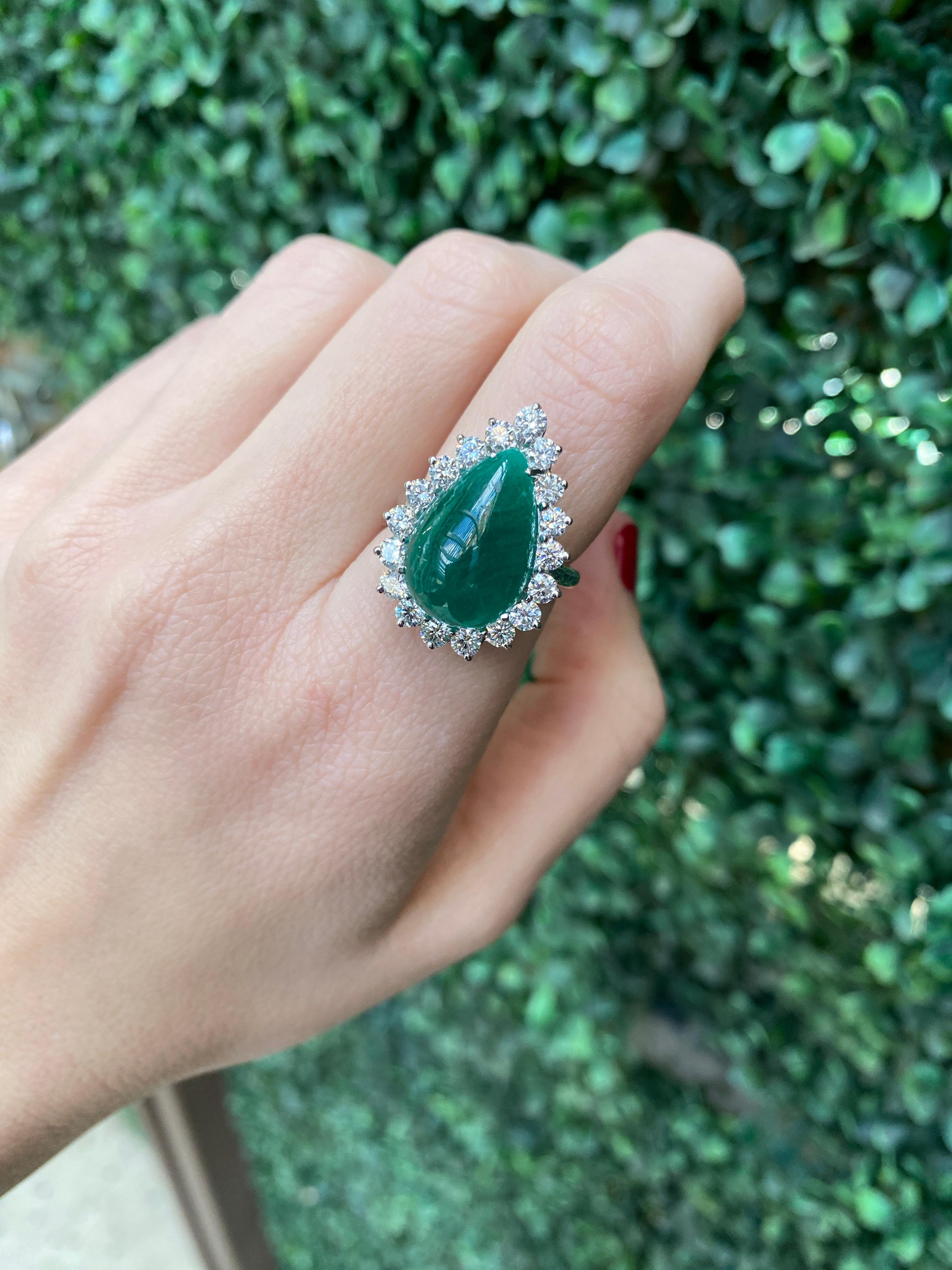 GIA Certified 7.98 Carat Pear Shaped Emerald Cabochon & Diamond Ring For Sale 7