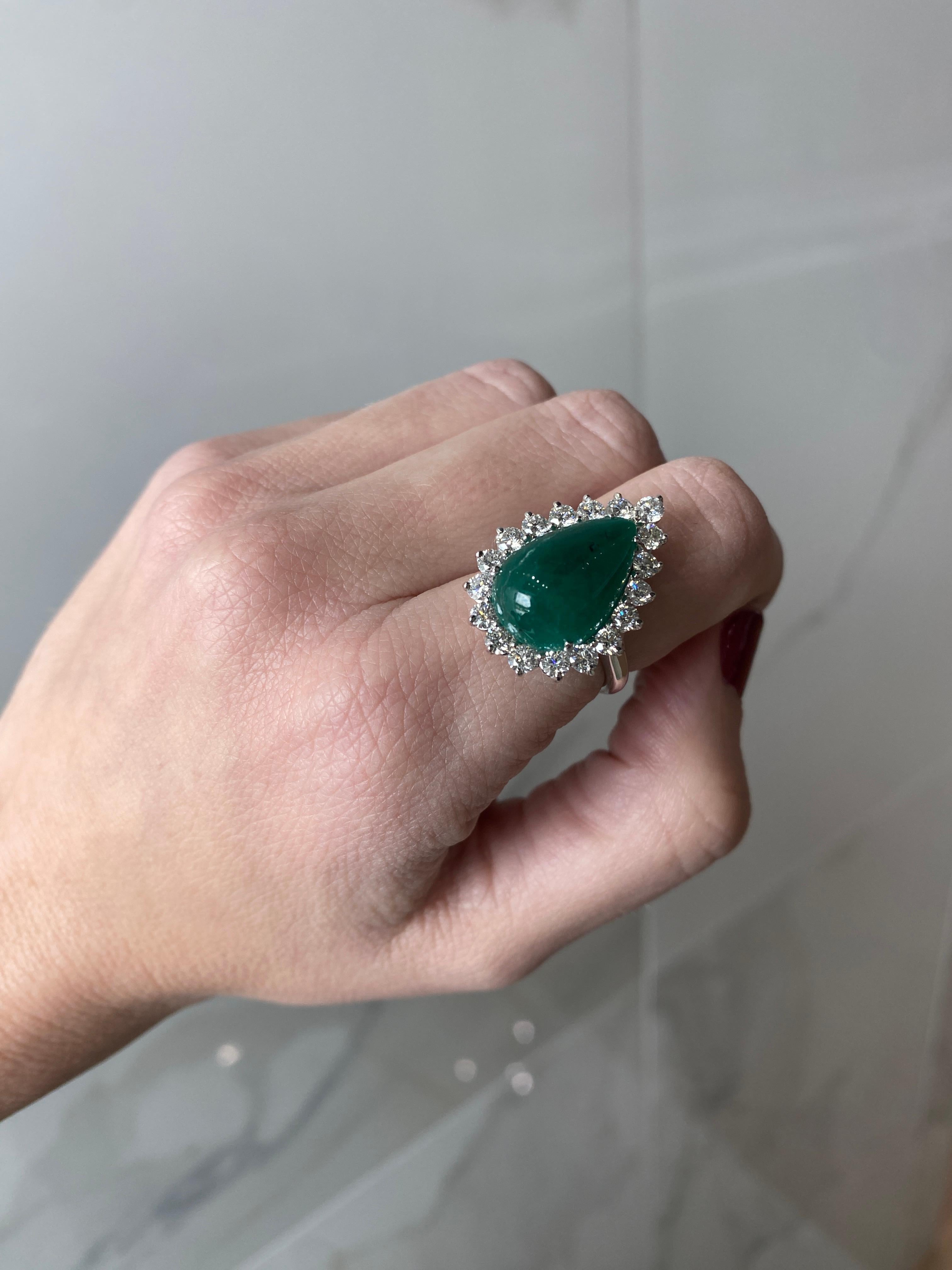GIA Certified 7.98 Carat Pear Shaped Emerald Cabochon & Diamond Ring For Sale 8