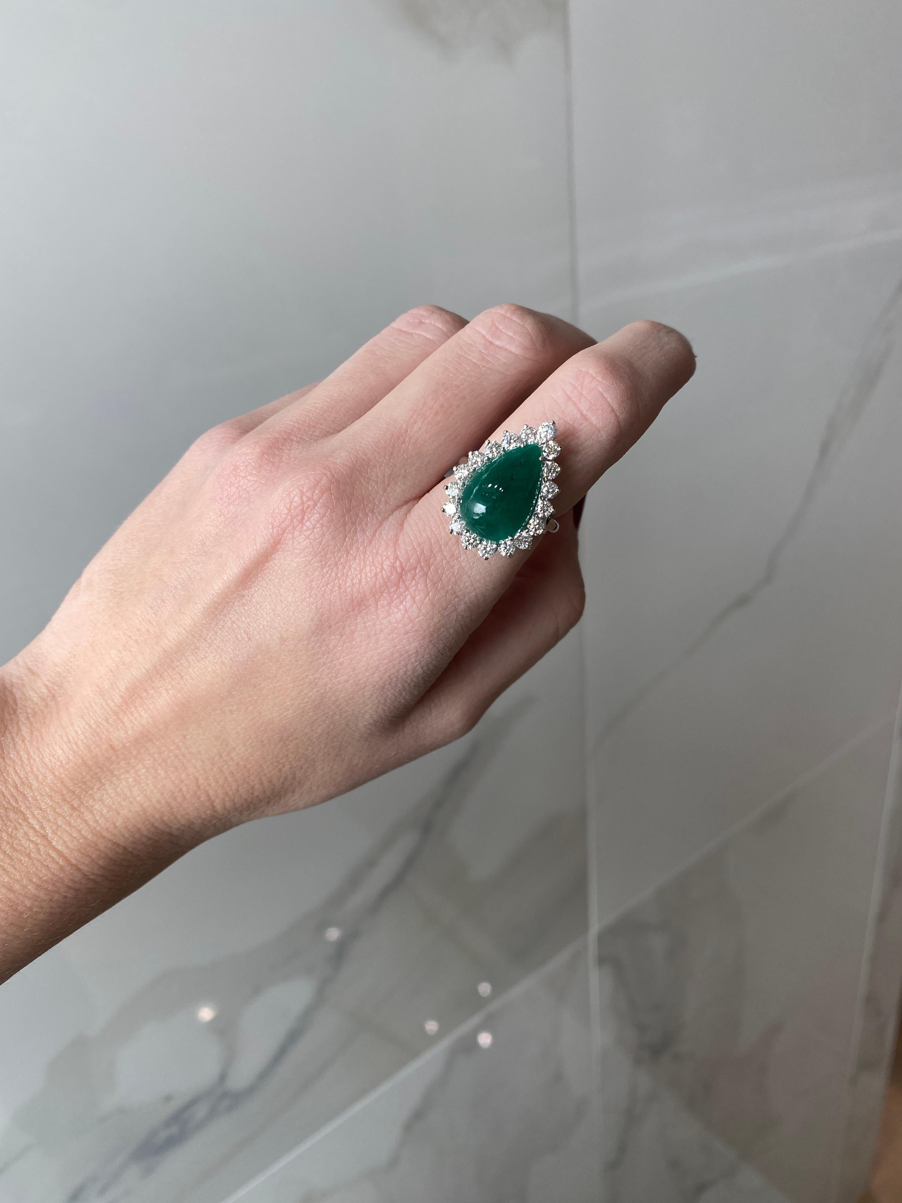 GIA Certified 7.98 Carat Pear Shaped Emerald Cabochon & Diamond Ring For Sale 10