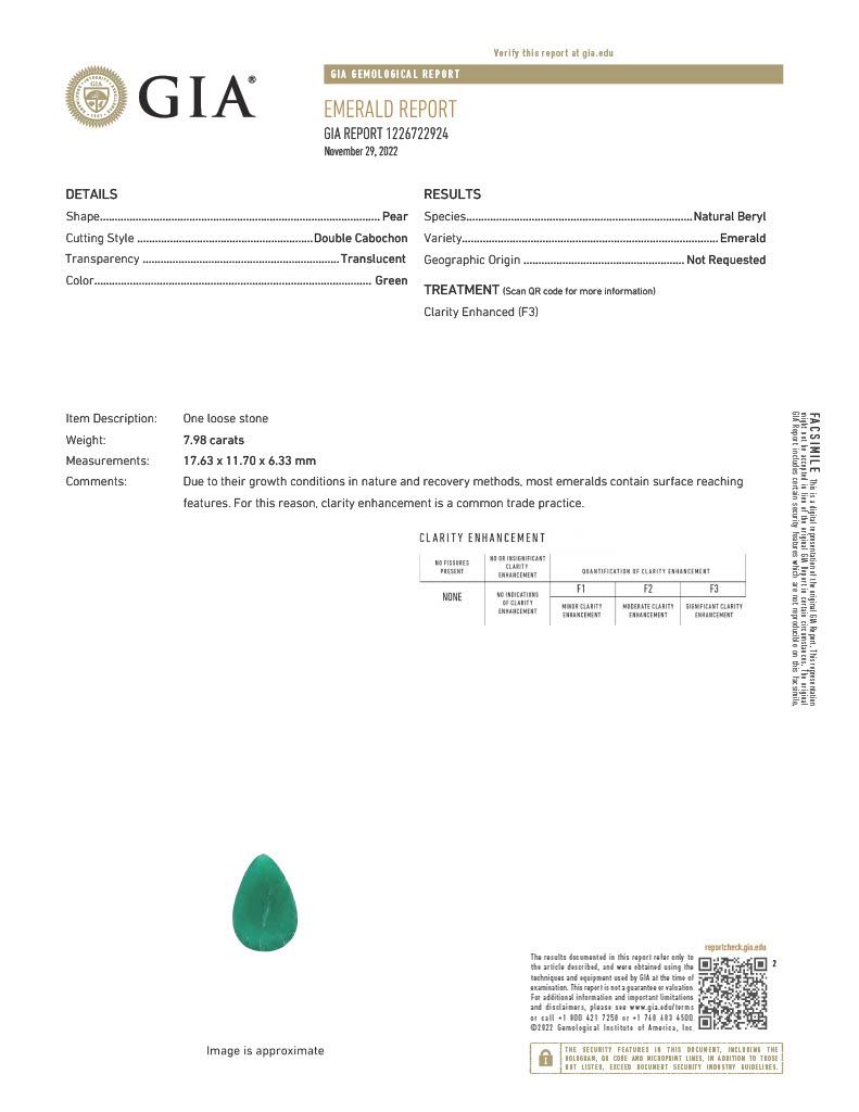 GIA-zertifizierter 7,98 Karat birnenförmiger Smaragd-Cabochon- und Diamantring für Damen oder Herren im Angebot