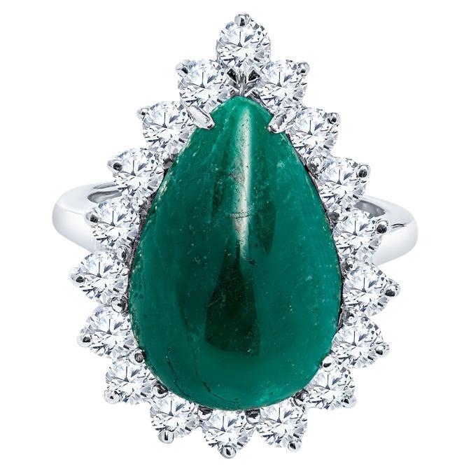 GIA Certified 7.98 Carat Pear Shaped Emerald Cabochon & Diamond Ring For Sale
