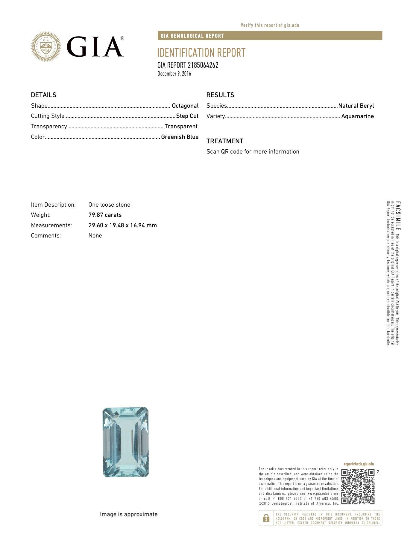 Emerald Cut Gia Certified 79.87 Carat Natural Aquamarine Pendant 18K Gold For Sale
