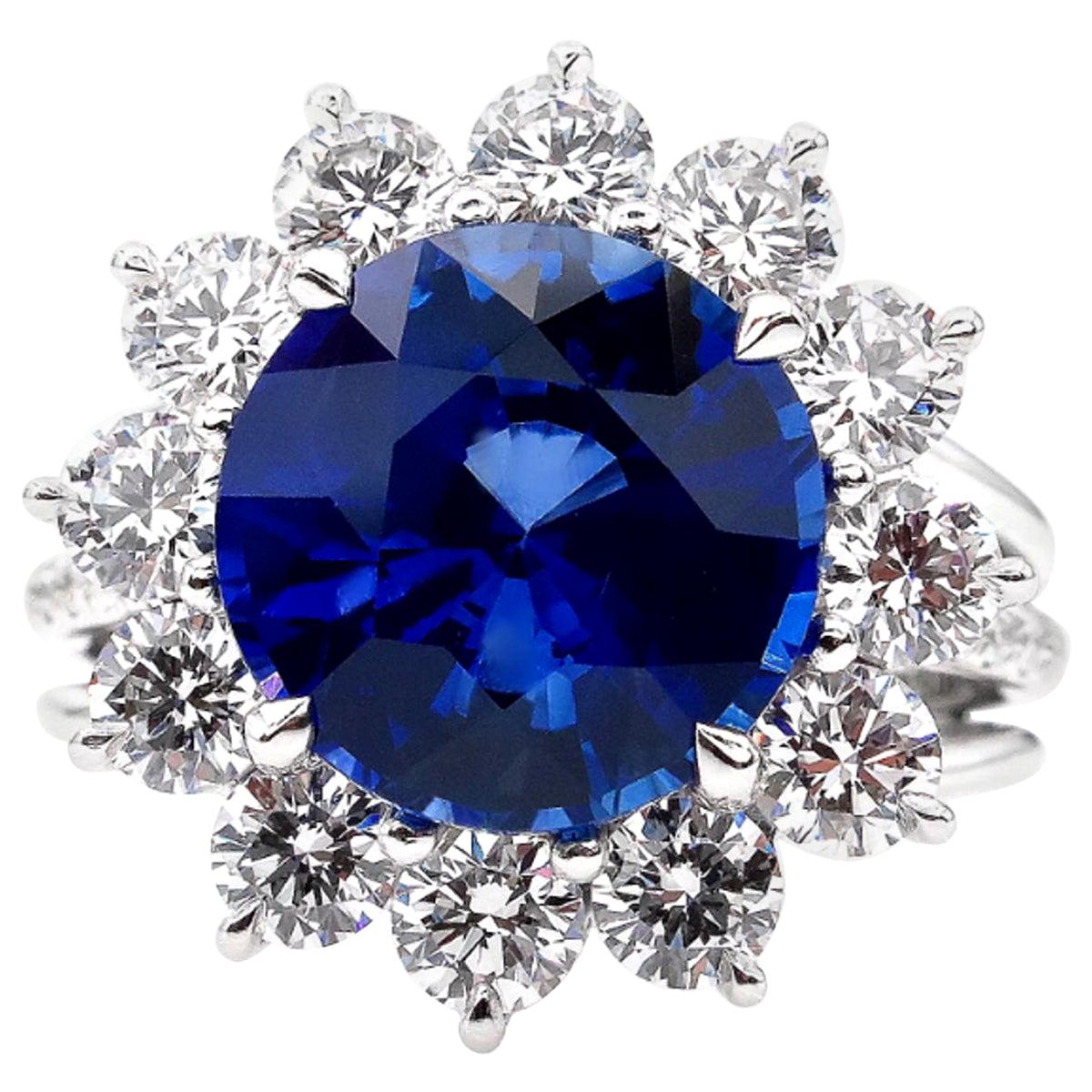 GIA Certified 5.80 Carat Royal Blue Sapphire Round Cut Diamond Ring