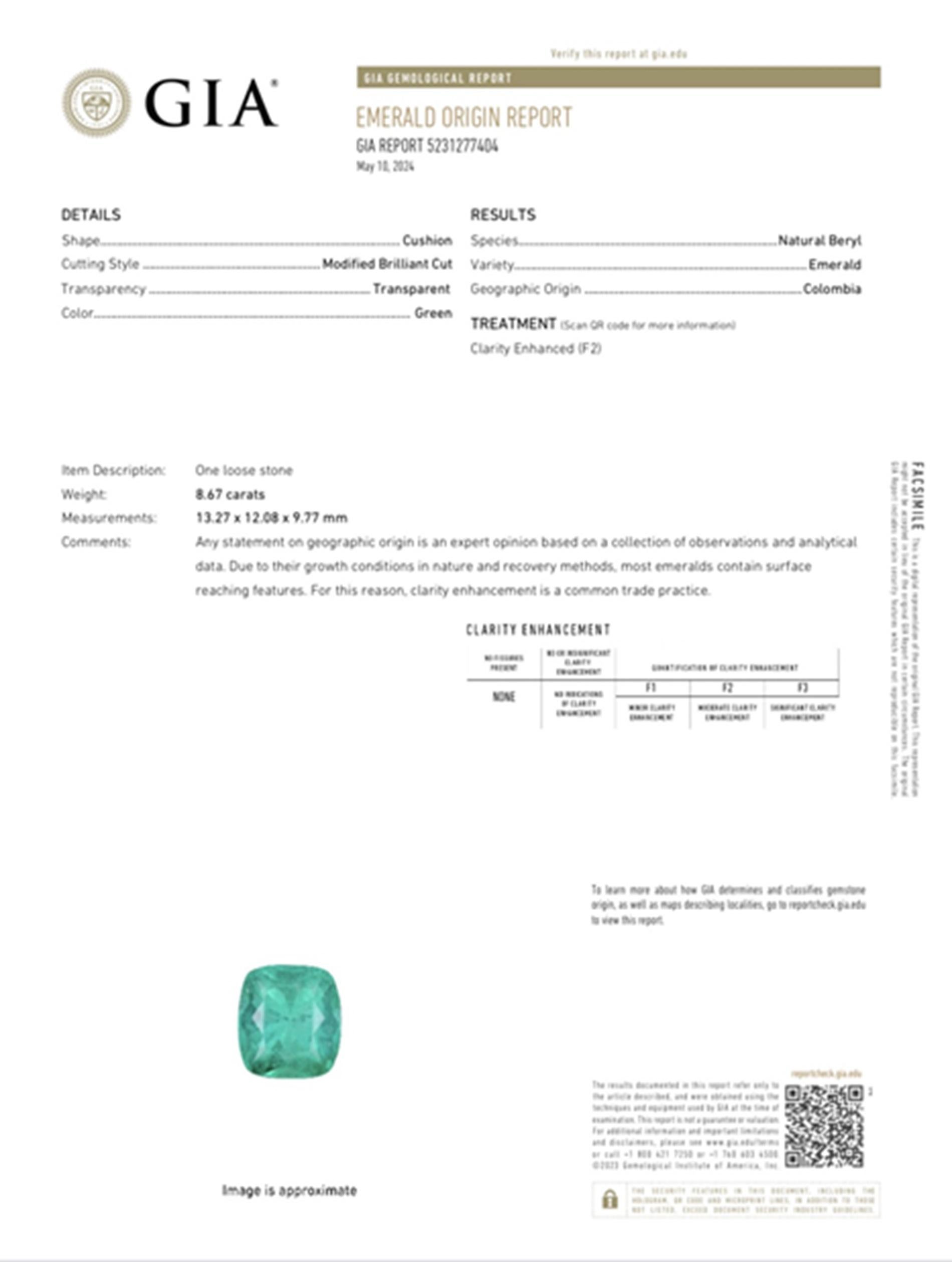 Anillo de Diamante Esmeralda COLOMBIANA de 8 Quilates Certificado GIA Corte cojín en venta